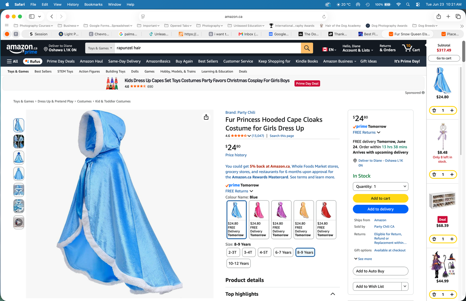 Blue hooded fur princess cape costume for girls dress-up on Amazon product listing page priced at $24.