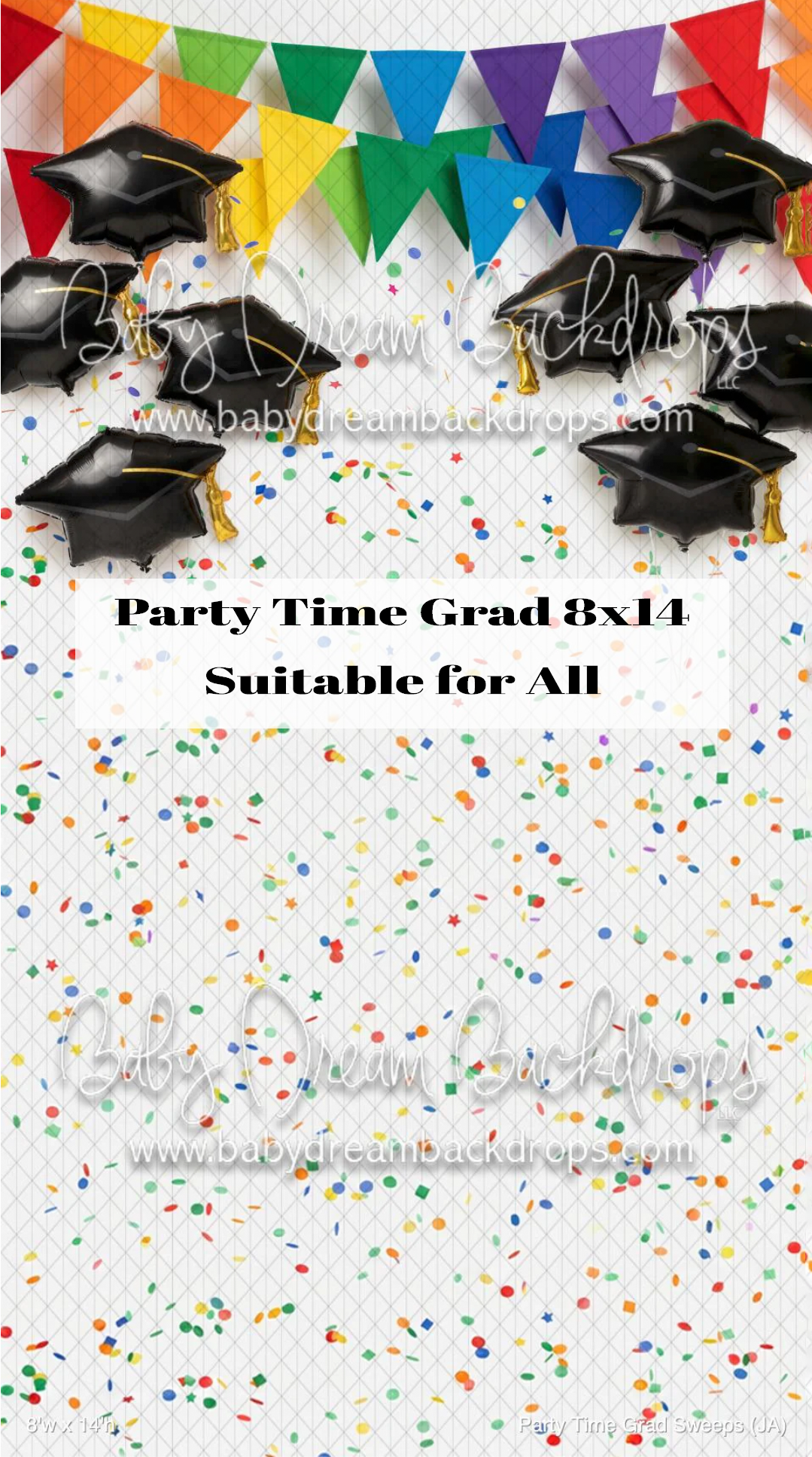 Colorful graduation party backdrop with mortarboard balloons, rainbow pennant banners, and confetti, 8x14, suitable for all.