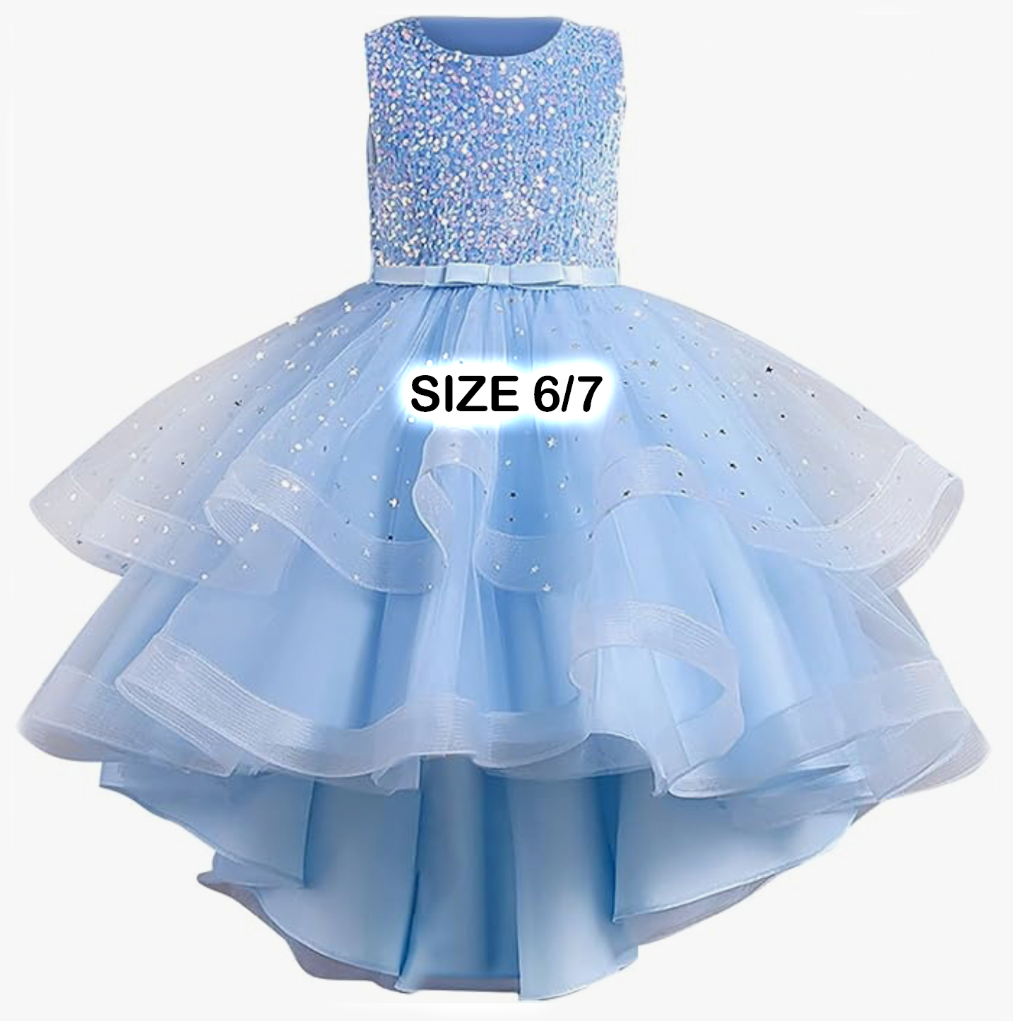 Light blue sequined hi-low tiered tulle flower girl dress with sparkle bodice, size 6/7.
