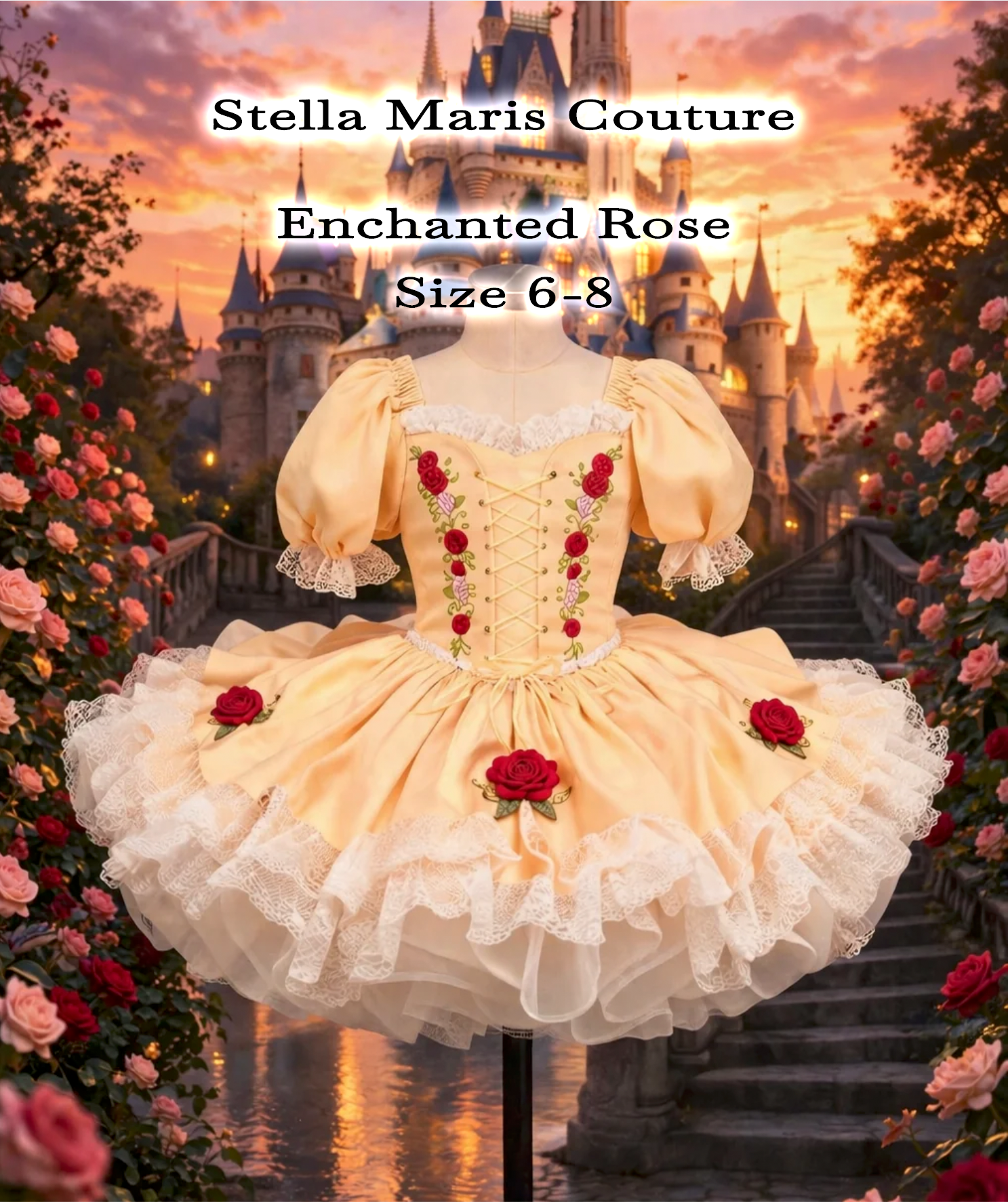 Stella Maris Couture Enchanted Rose yellow tutu dress with red roses, size 6-8, displayed before a fairy tale castle.
