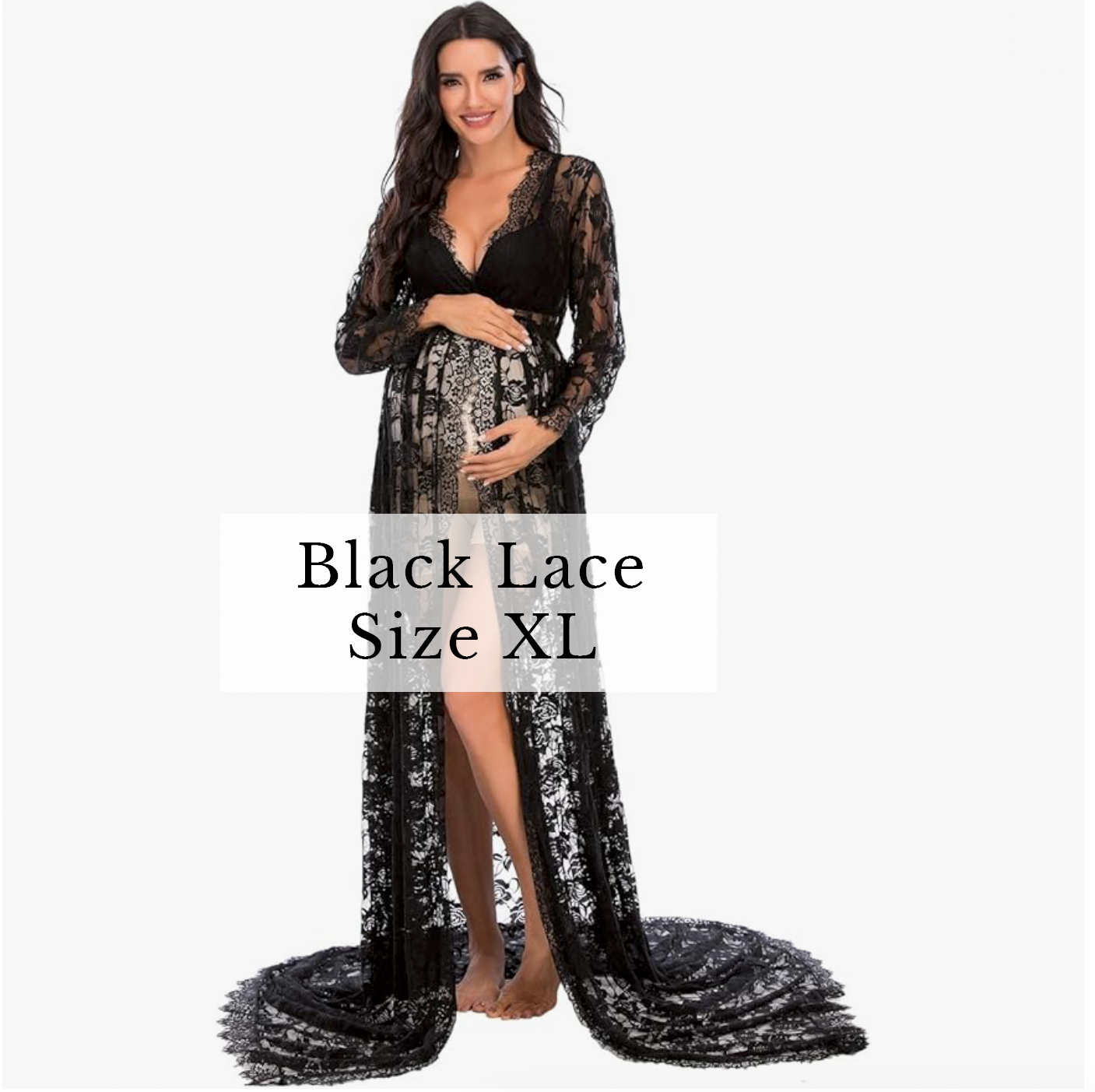 Black lace deep-V long-sleeve maternity dress with train, size XL.