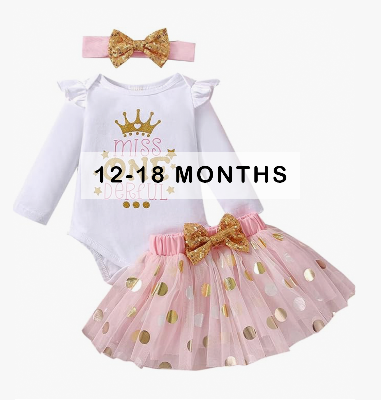 Pink and white Miss birthday outfit 12-18 months with crown onesie, polka dot tutu skirt and bow headband.