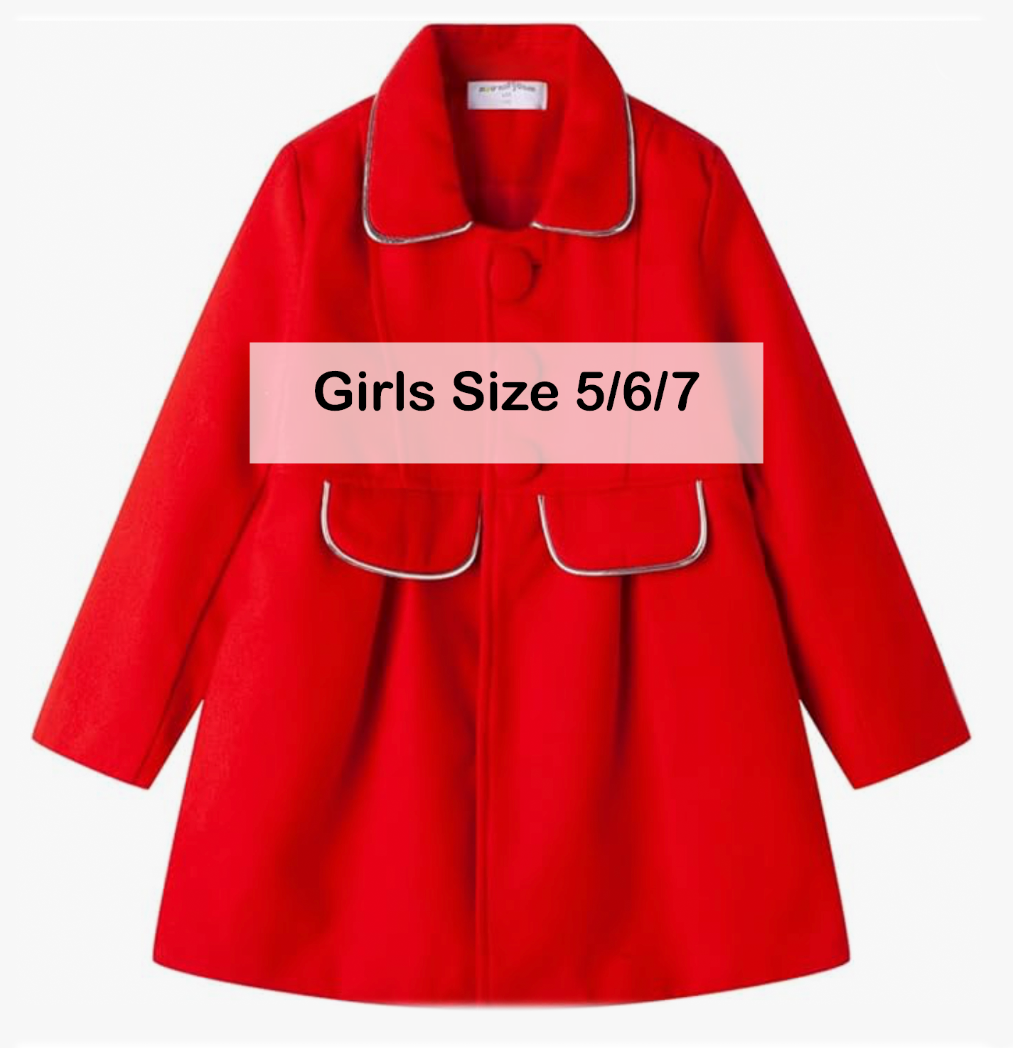 Girls size 5/6/7 red wool coat with silver trim and front pockets.