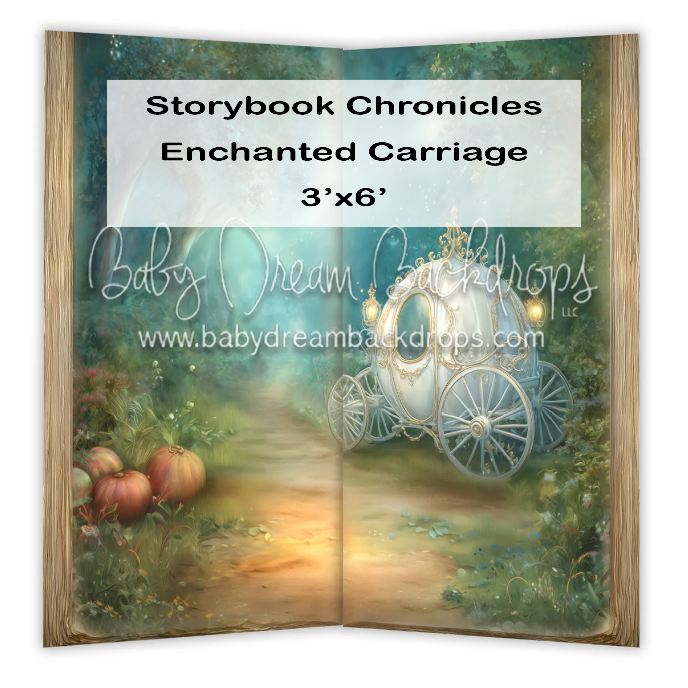 Storybook Chronicles Enchanted Carriage 3x6 photography backdrop with Cinderella carriage and pumpkins.