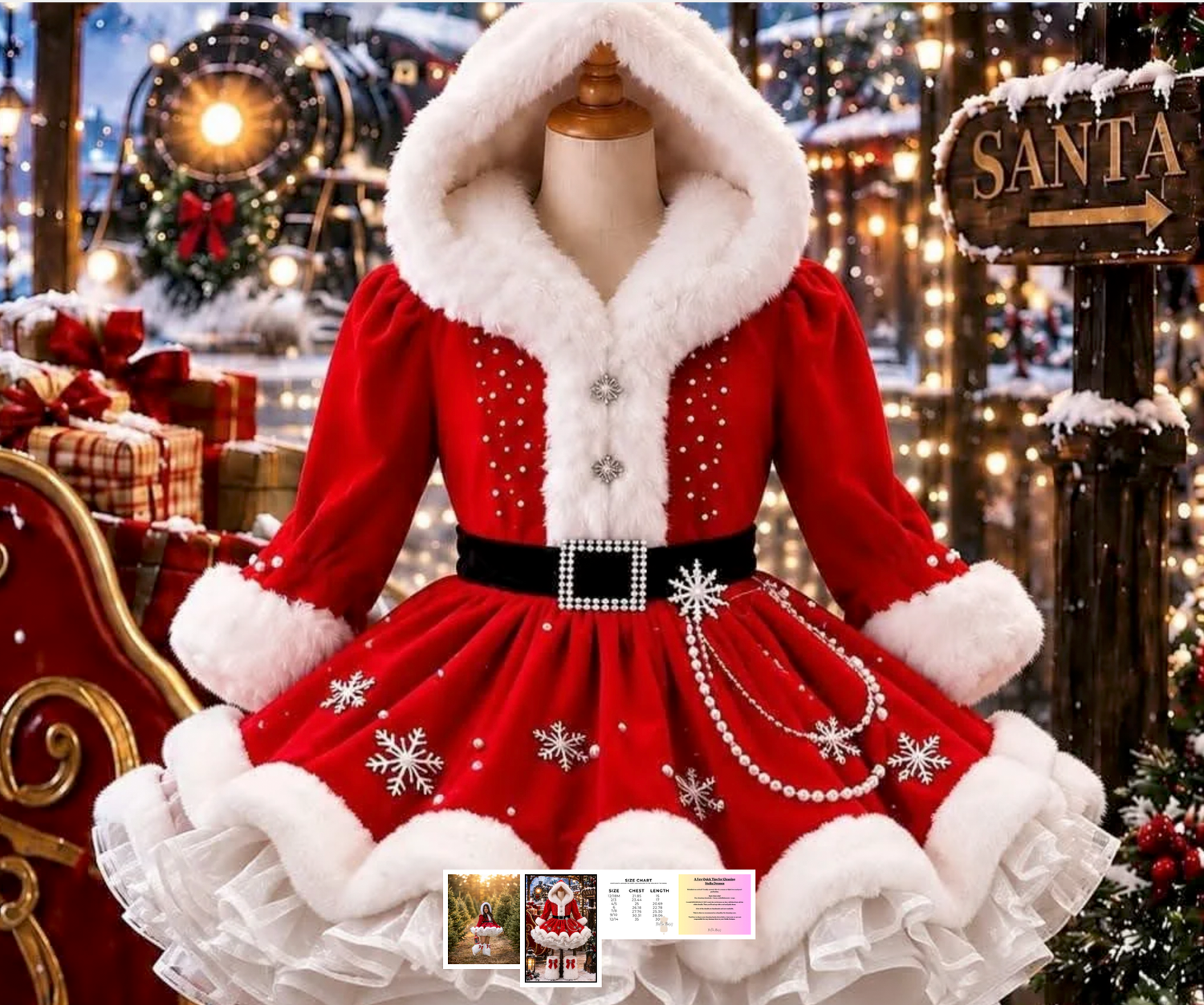 Red velvet girls Santa Christmas dress with white fur trim, hood, snowflake embroidery, pearl details, and black belt.