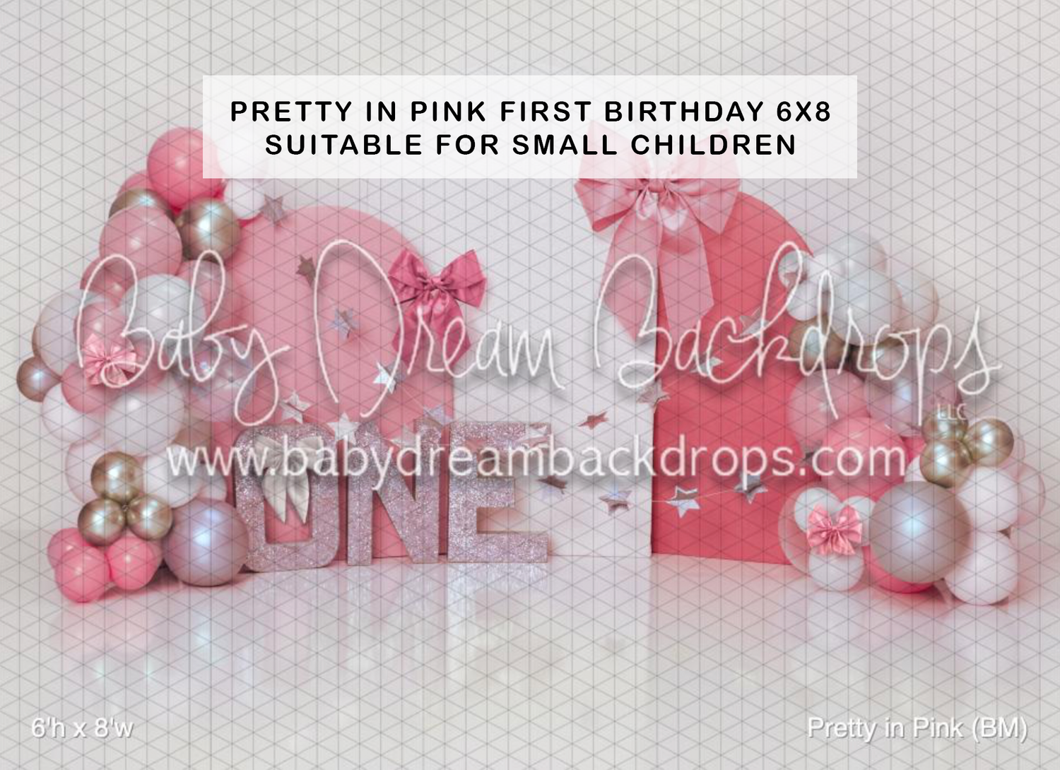 Pink first birthday backdrop with balloon arch, ONE letters, and pink decorations, ideal for small children's photo sessions.
