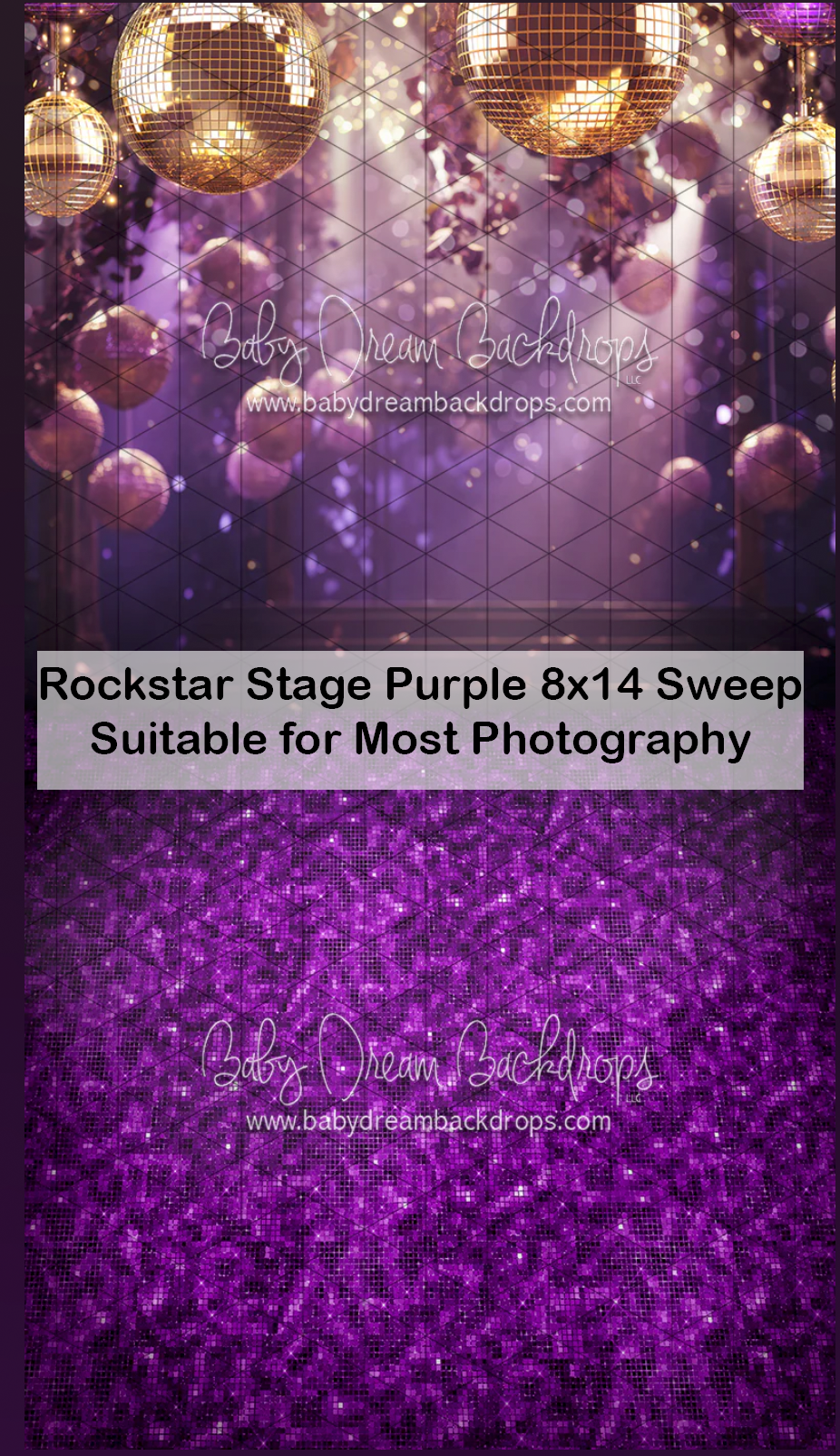 Purple glitter stage backdrop with gold disco balls, ideal for rockstar photography, 8x14 sweep by Baby Dream Backdrops.