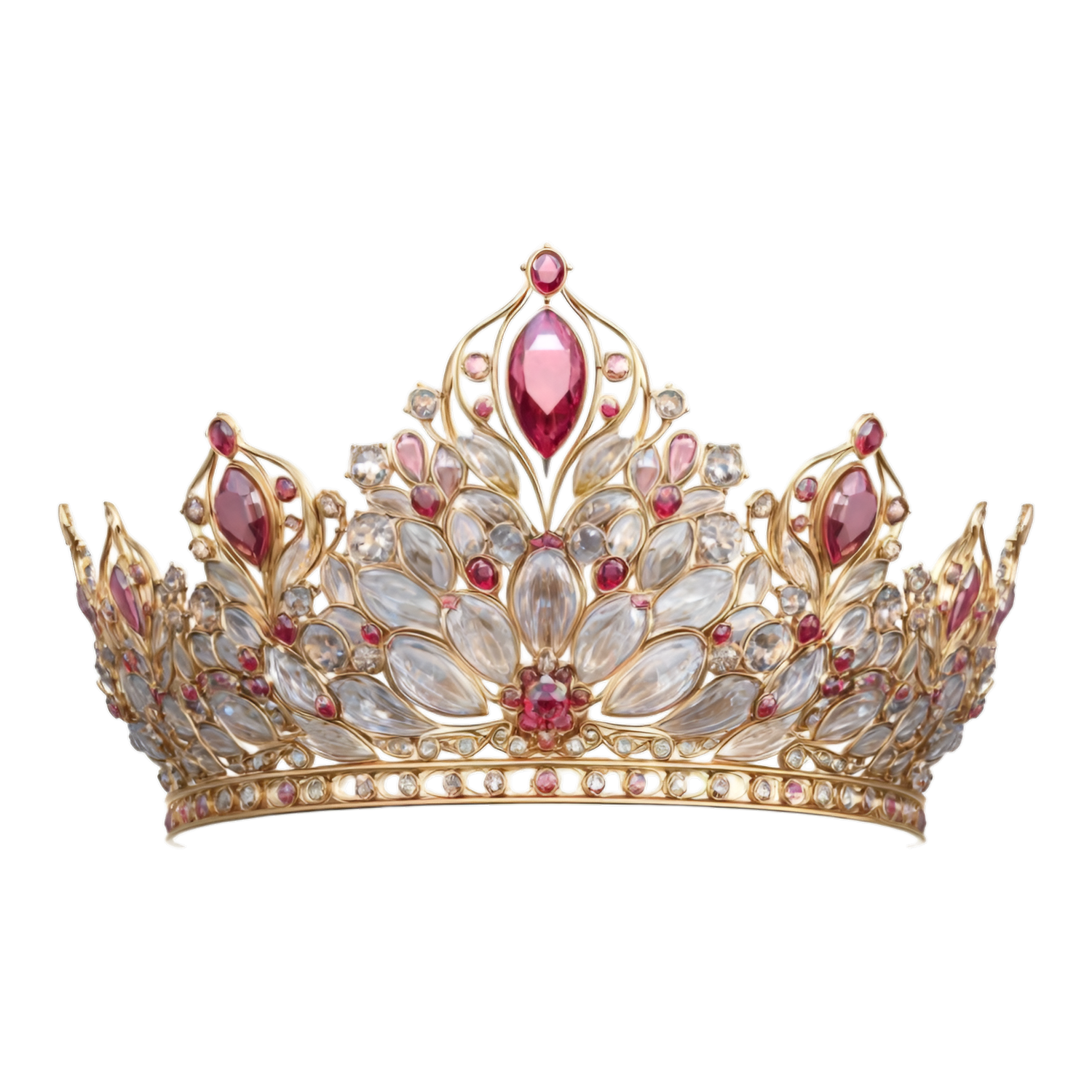 Gold crown with red ruby and clear crystal gemstones, elegant tiara for royalty or pageant queens.