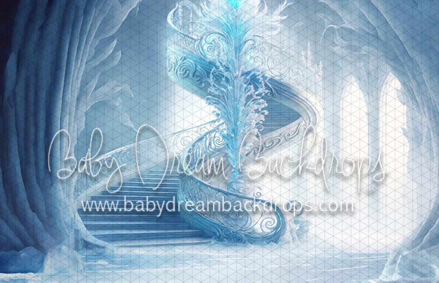 Frozen ice castle photography backdrop featuring a glowing crystal tree and icy blue archways for portrait sessions.