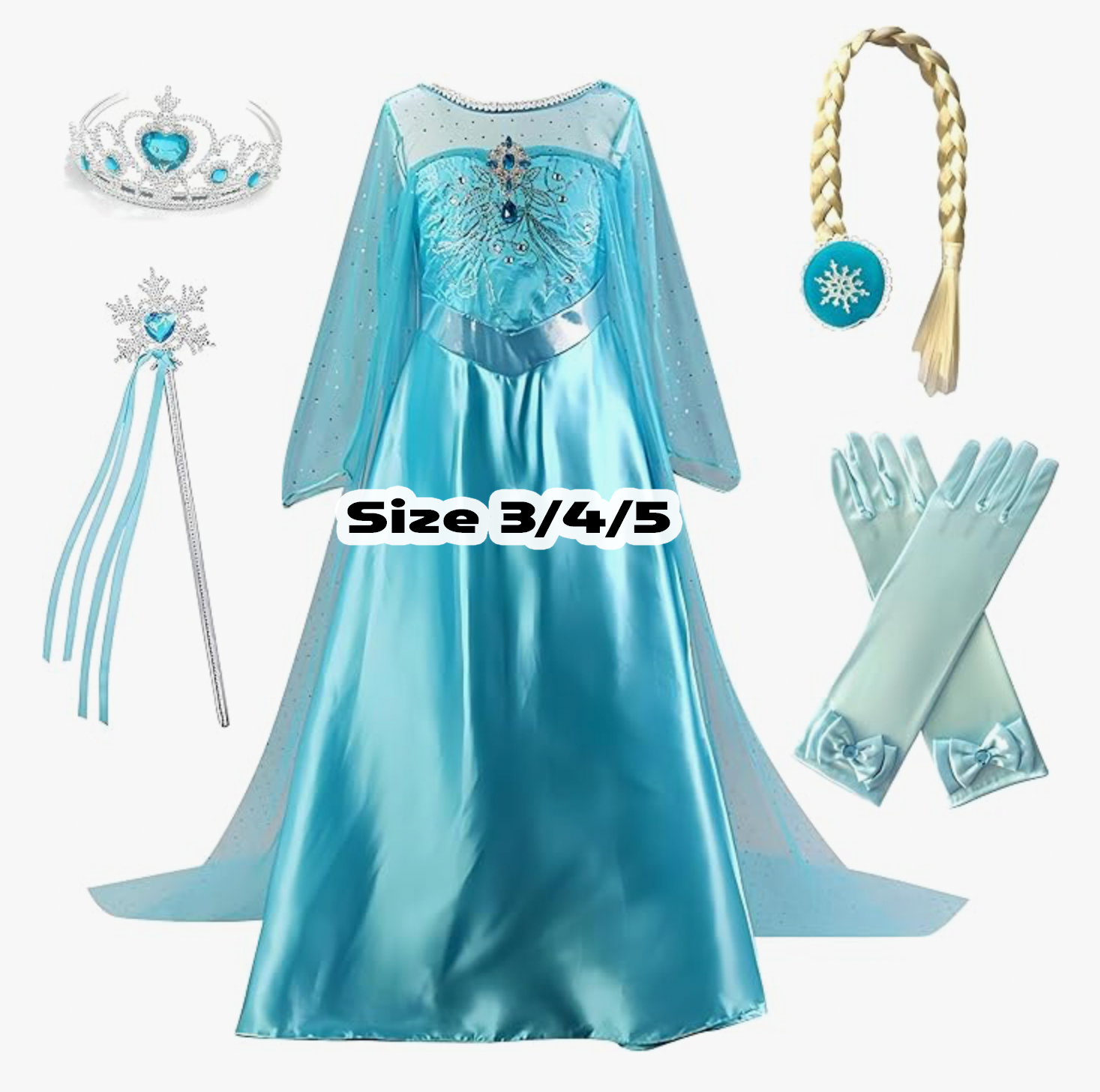 Frozen Elsa costume set size 3/4/5 with blue dress, crown, wand, braid wig, and gloves.