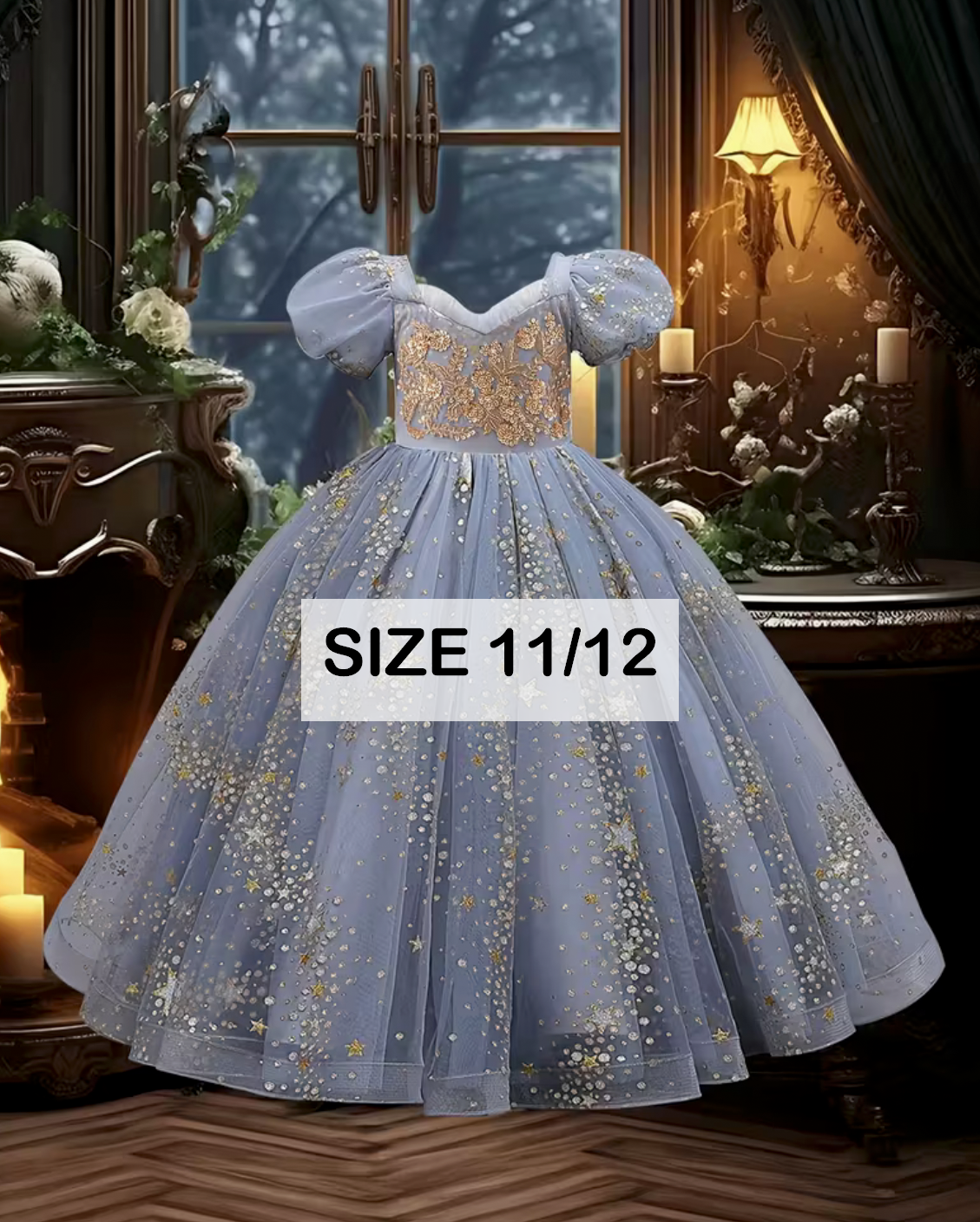 Girls size 11/12 dusty blue ball gown dress with gold embroidery, puff sleeves, and sparkling star tulle skirt.