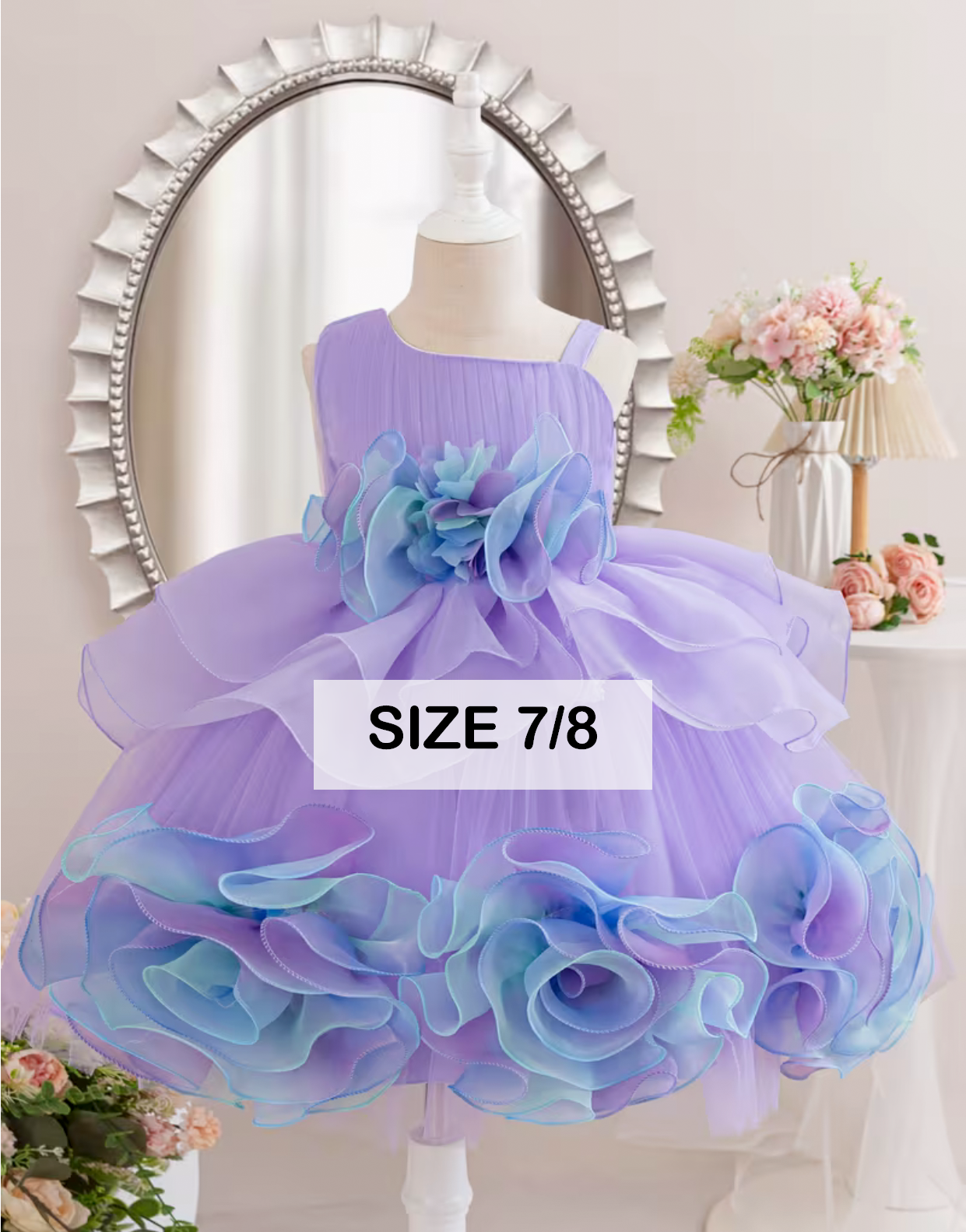 Purple ombre ruffled flower girl dress with floral waist detail, size 7/8.