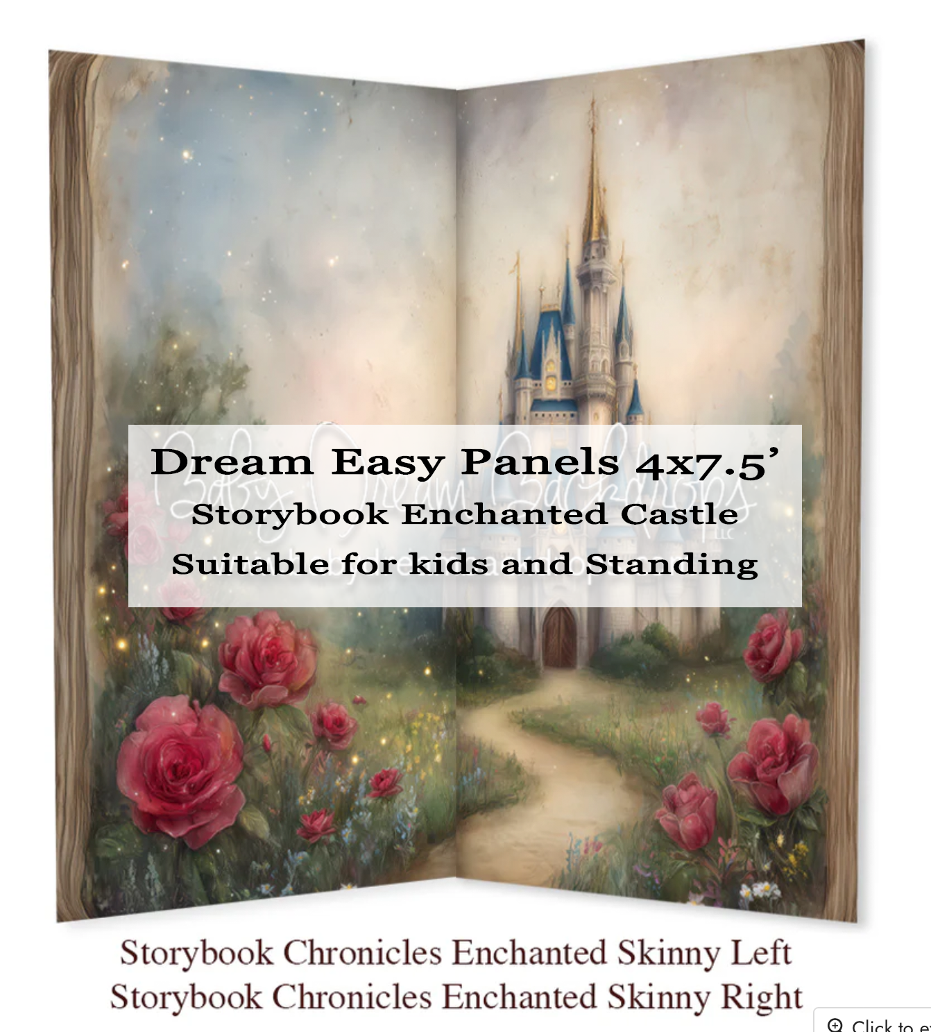 Enchanted castle storybook fabric panel 4x7.5 inches with roses and magical pathway design for kids quilting projects.