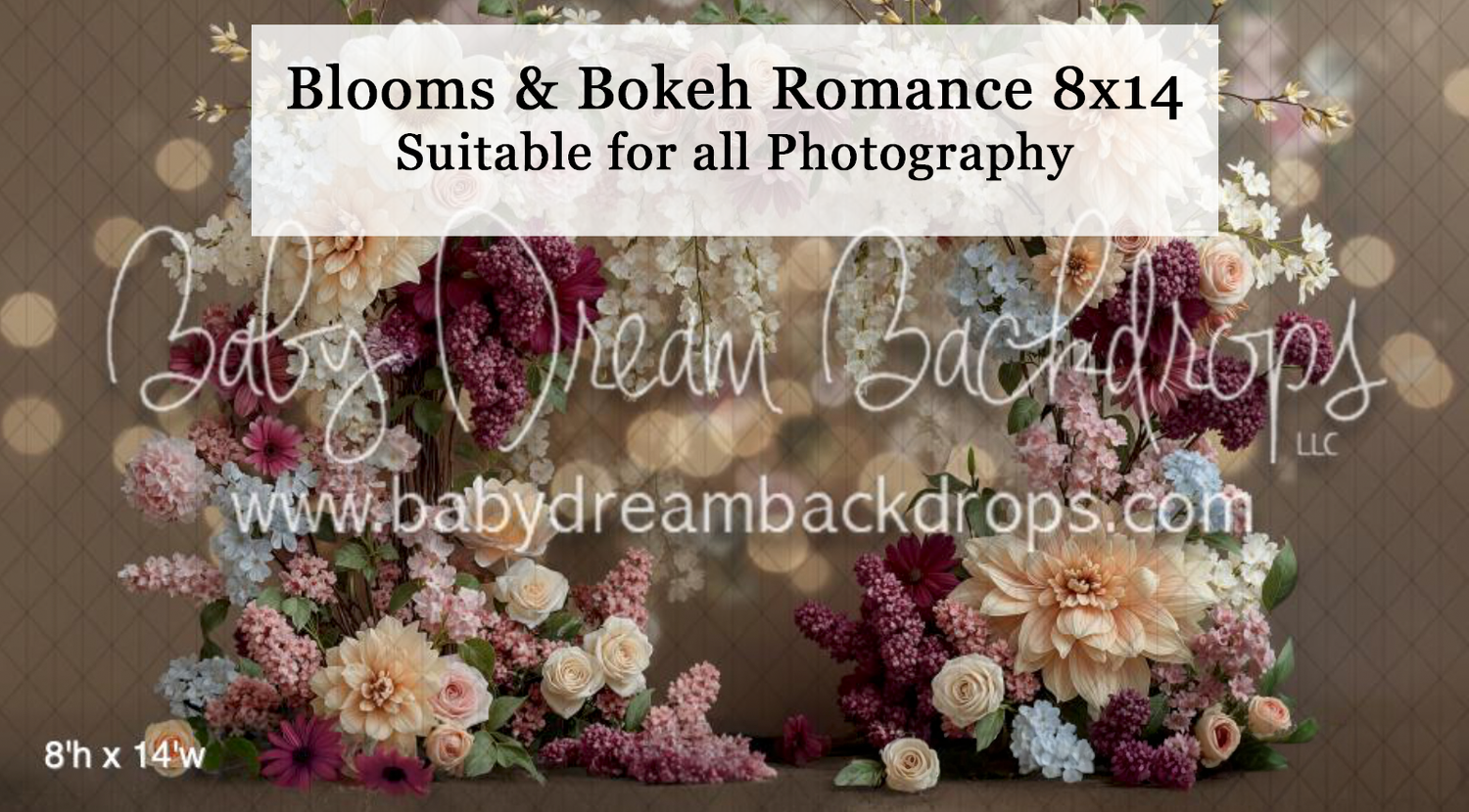 Blooms & Bokeh Romance 8x14 floral photography backdrop with lush pink and burgundy flowers on a warm brown background.