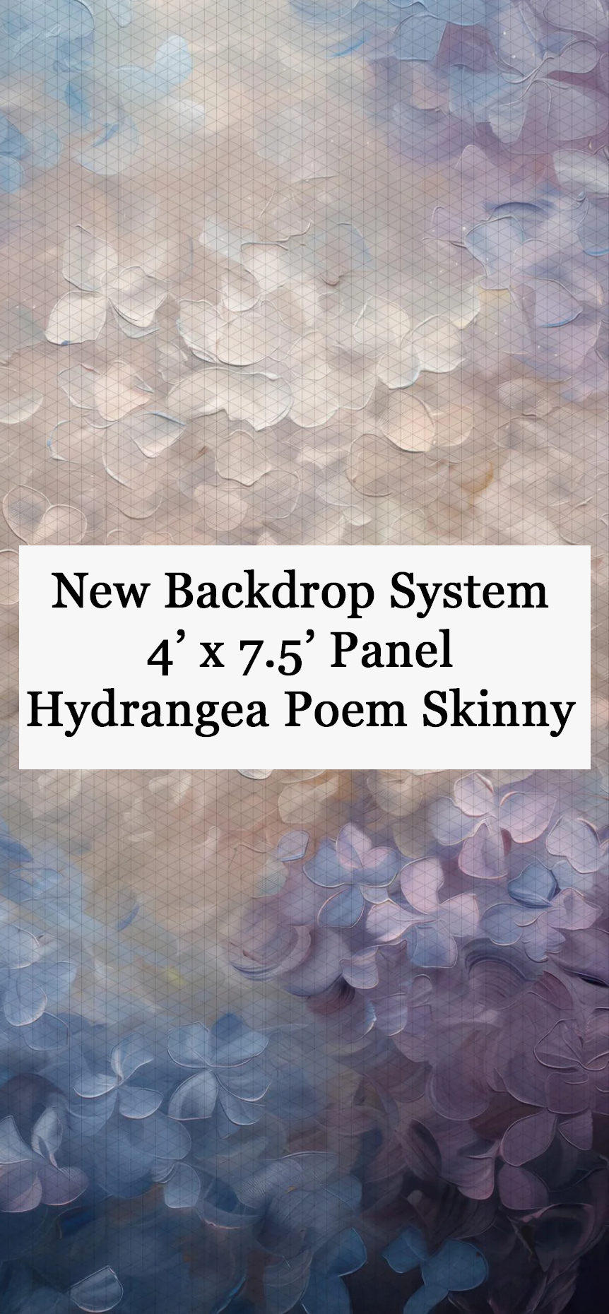 Hydrangea Poem Skinny backdrop panel, 4x7.5ft, featuring soft blue and purple floral painting design for photography.