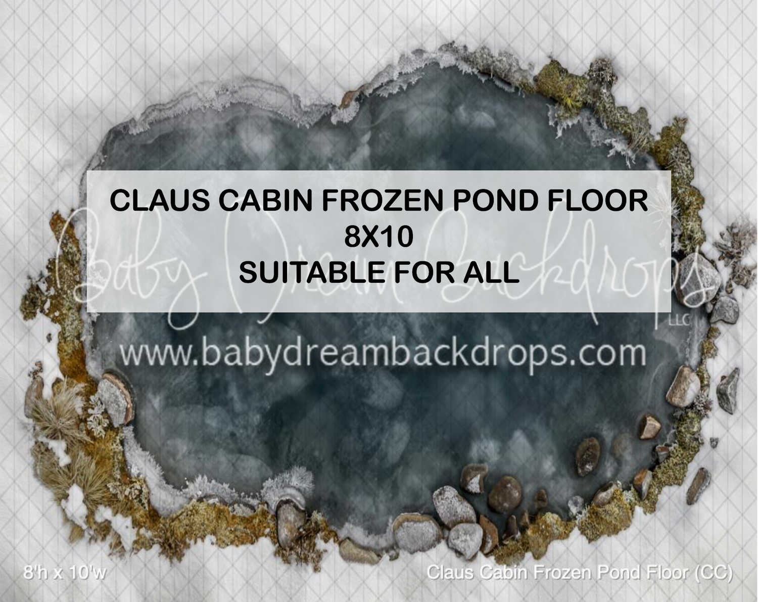 Claus Cabin Frozen Pond Floor 8x10 photography backdrop by Baby Dream Backdrops, featuring icy rocks and stones.