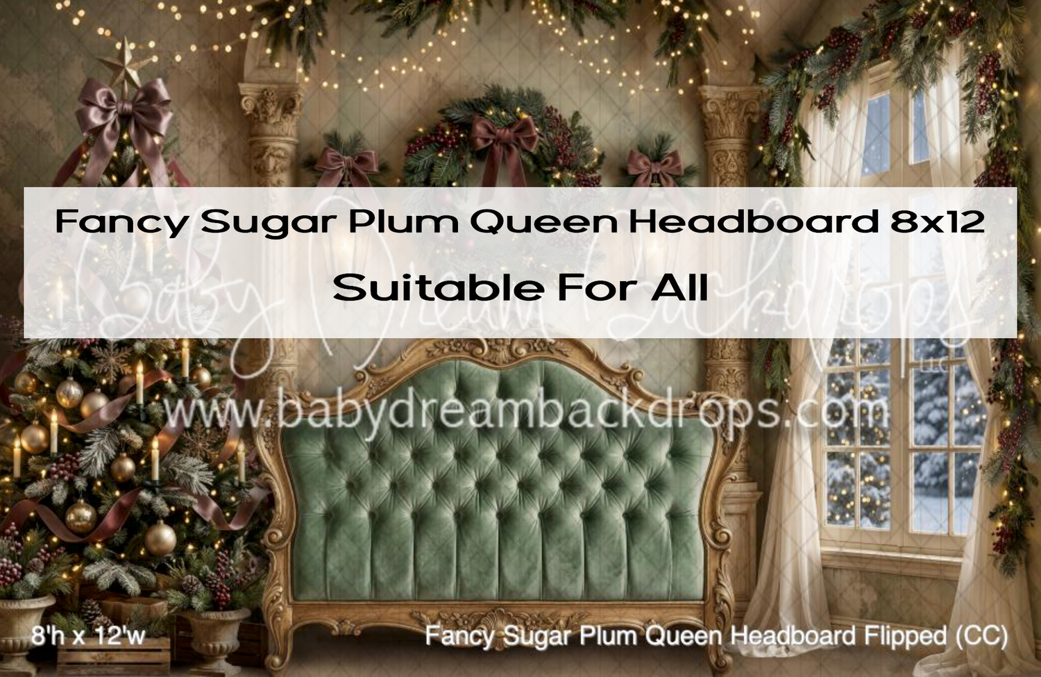 Fancy Sugar Plum Queen headboard photography backdrop with Christmas trees and festive holiday decorations, 8x12 size.