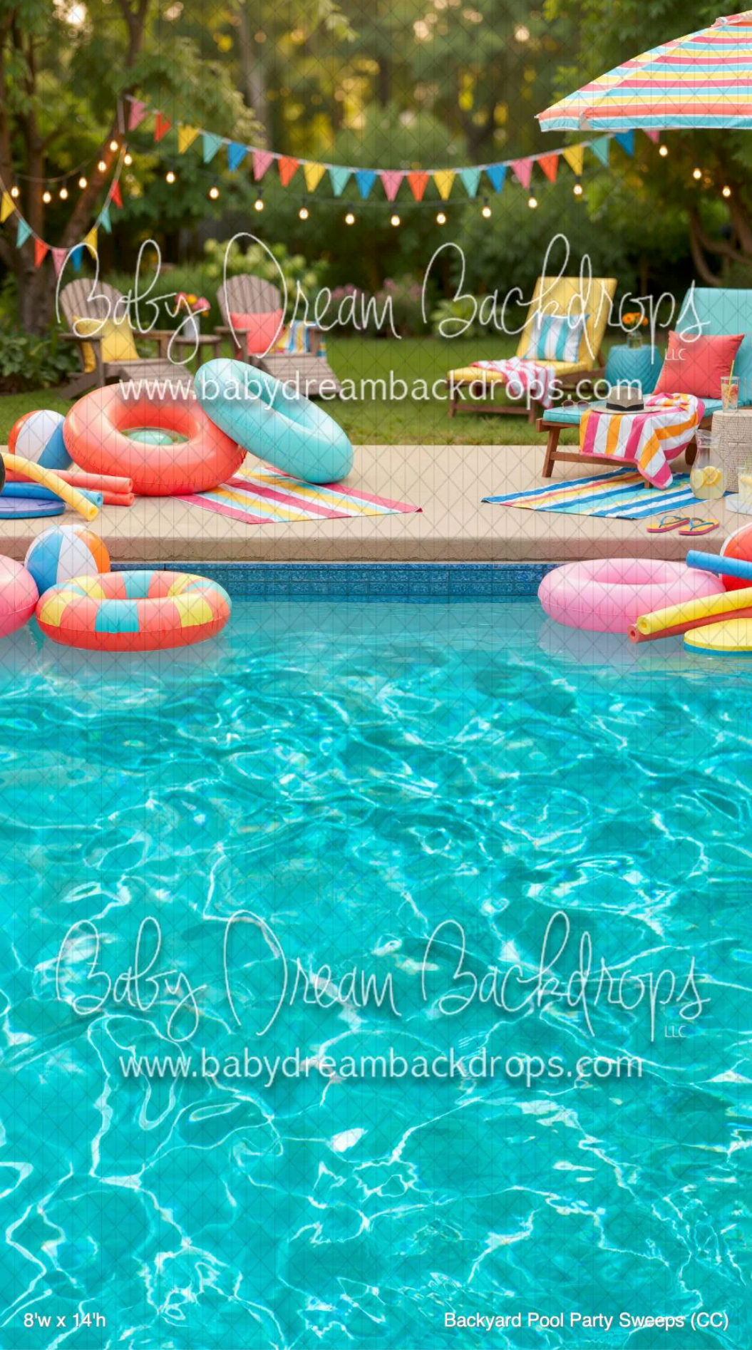 Colorful backyard pool party backdrop with floaties, bunting flags, lounge chairs, and sparkling blue water for summer photos.
