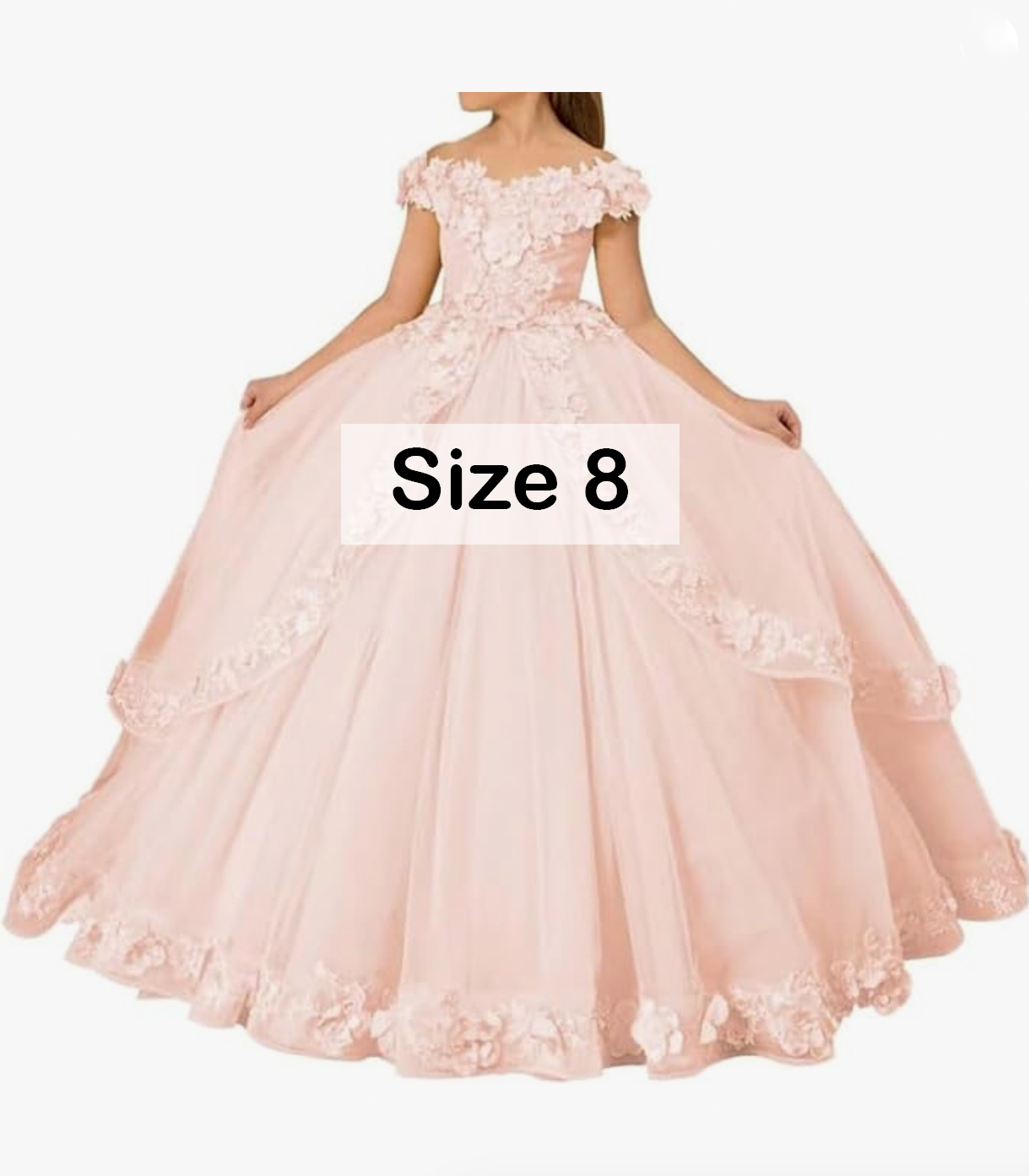 Girls blush pink off-shoulder ball gown with lace appliques, size 8.