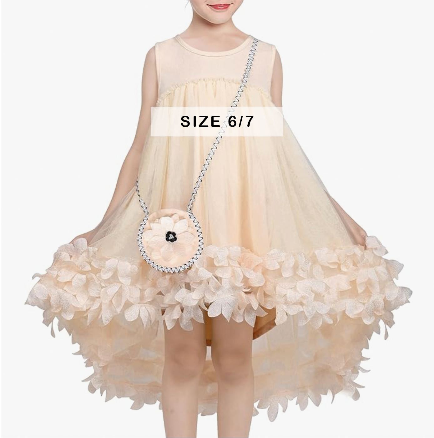 Girls size 6/7 champagne sleeveless hi-low tulle dress with floral trim and matching purse.