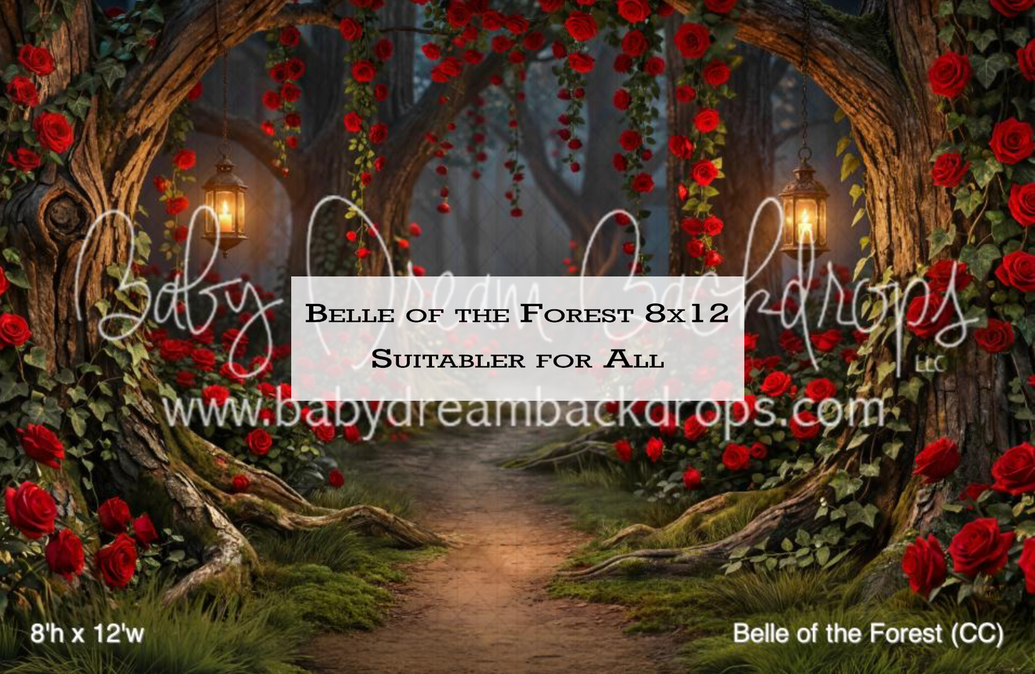 Enchanted forest backdrop with glowing lanterns, red roses, and a winding path for photography sessions.