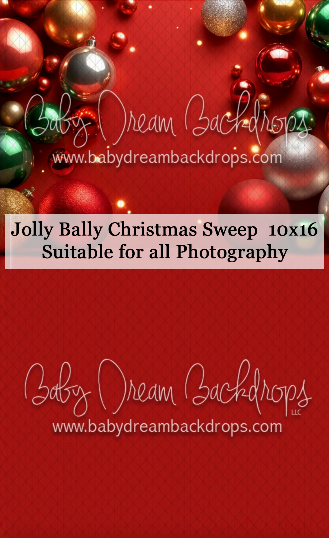 Jolly Bally Christmas Sweep 10x16 photography backdrop featuring colorful ornaments on a bold red background.