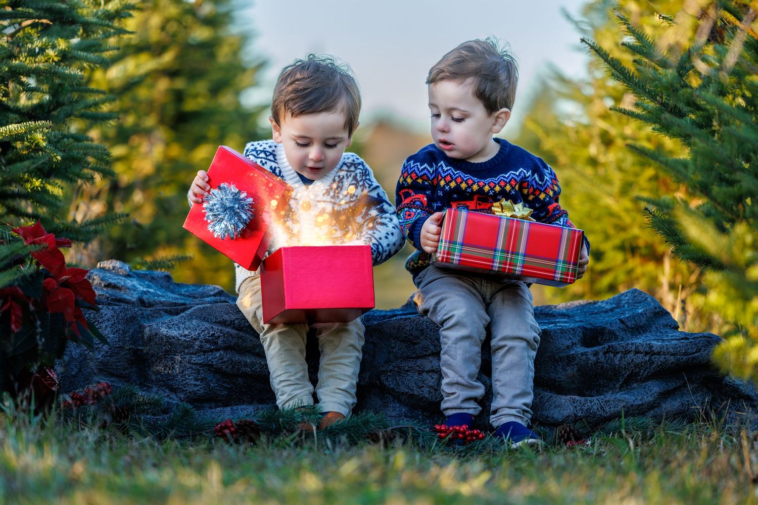 Two young boys in Christmas sweaters opening glowing gift boxes among holiday trees outdoors.