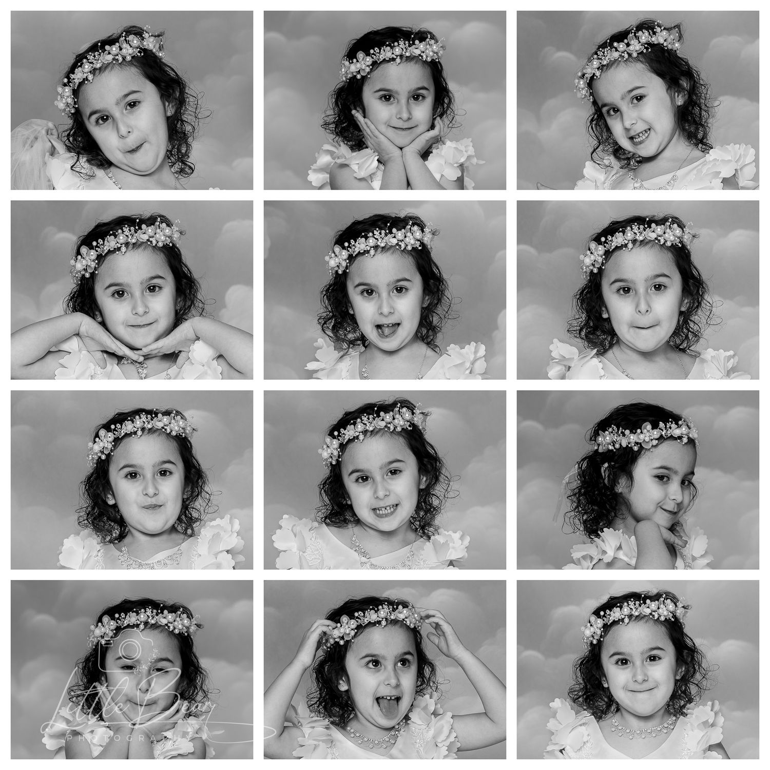 Black and white collage of twelve expressive portraits of a young girl wearing a floral crown.