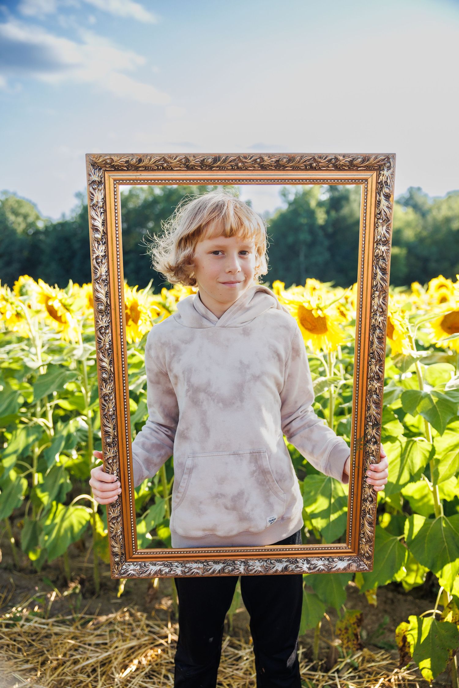 Blond child holding a decorative gold picture frame in a sunny sunflower field.