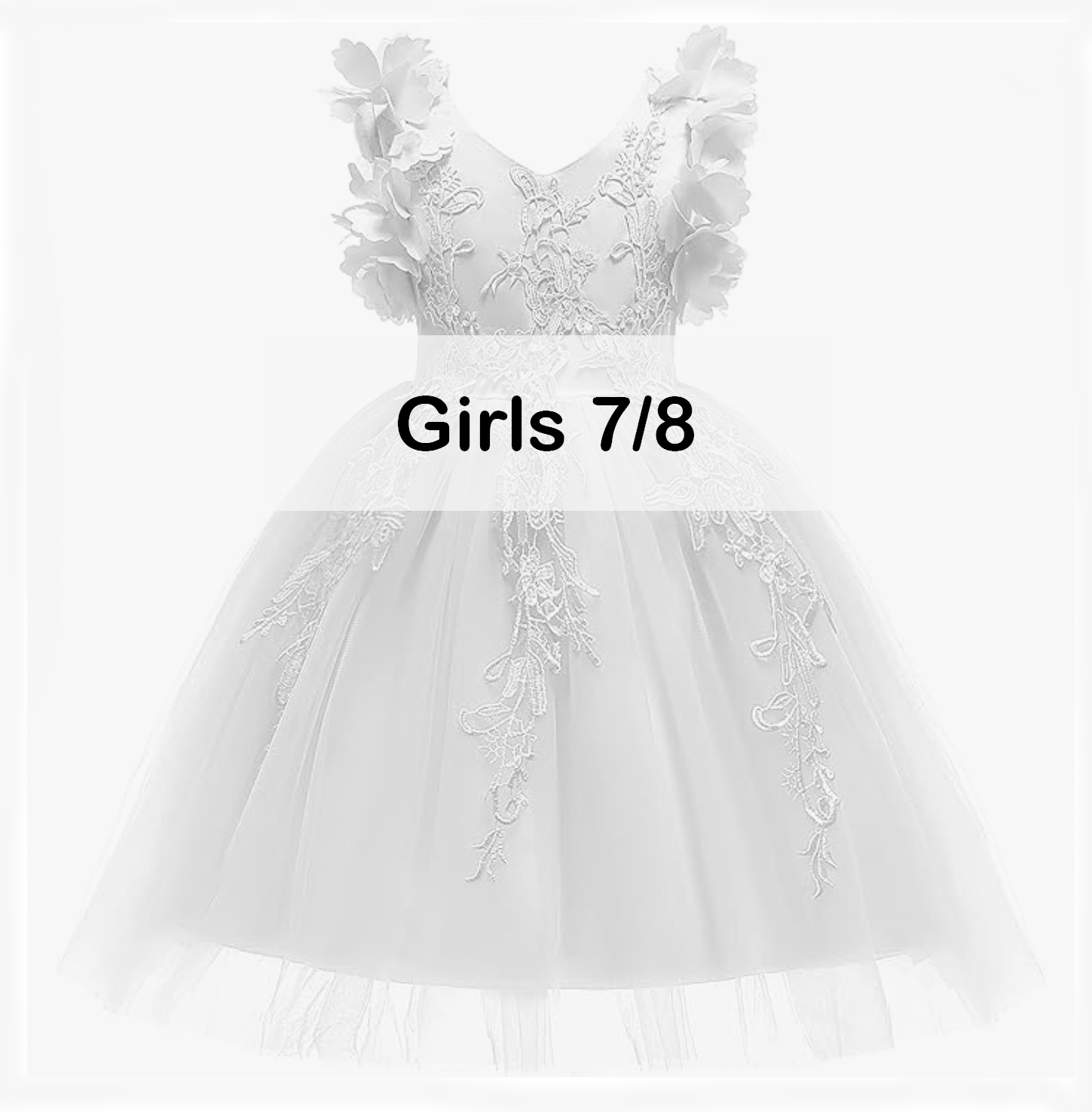 Girls size 7/8 white sleeveless tulle dress with 3D floral straps and lace applique.