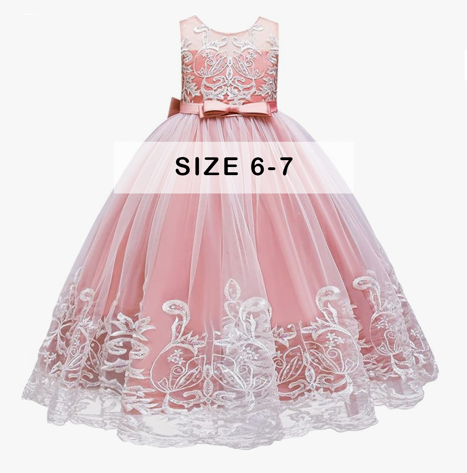 Girls pink embroidered tulle dress with bow belt, size 6-7.
