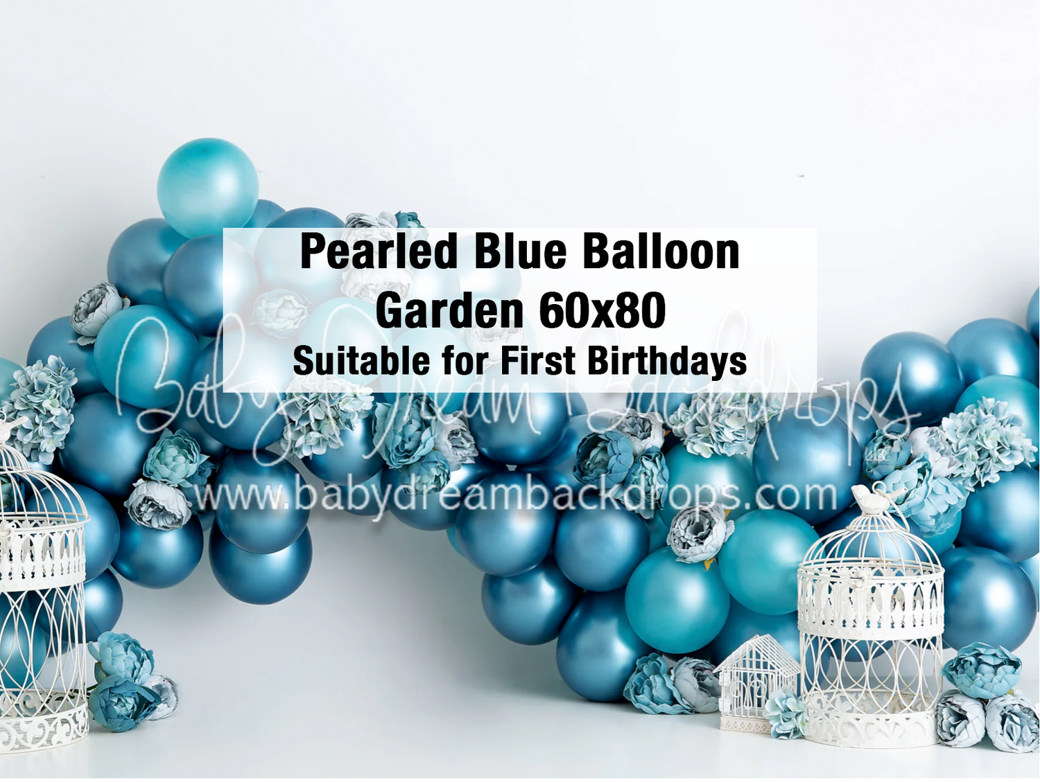 Pearled blue balloon garden photography backdrop with birdcages for first birthdays, 60x80 in.