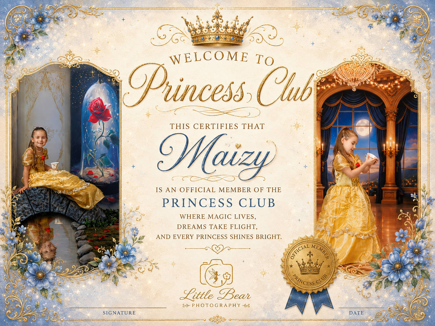Personalized Princess Club certificate for Maizy featuring fairy tale imagery and Little Bear Photography branding.