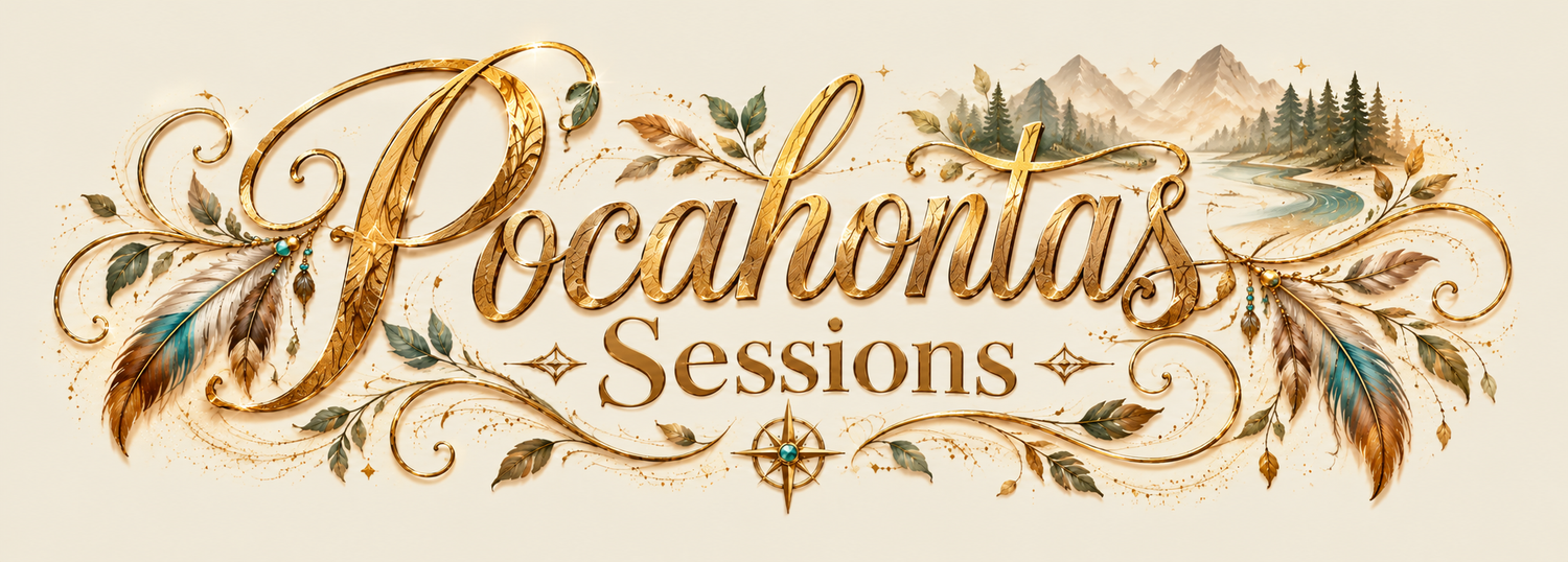 Elegant Pocahontas Sessions logo with gold script, feathers, mountains, and nature-inspired decorative elements on cream background.