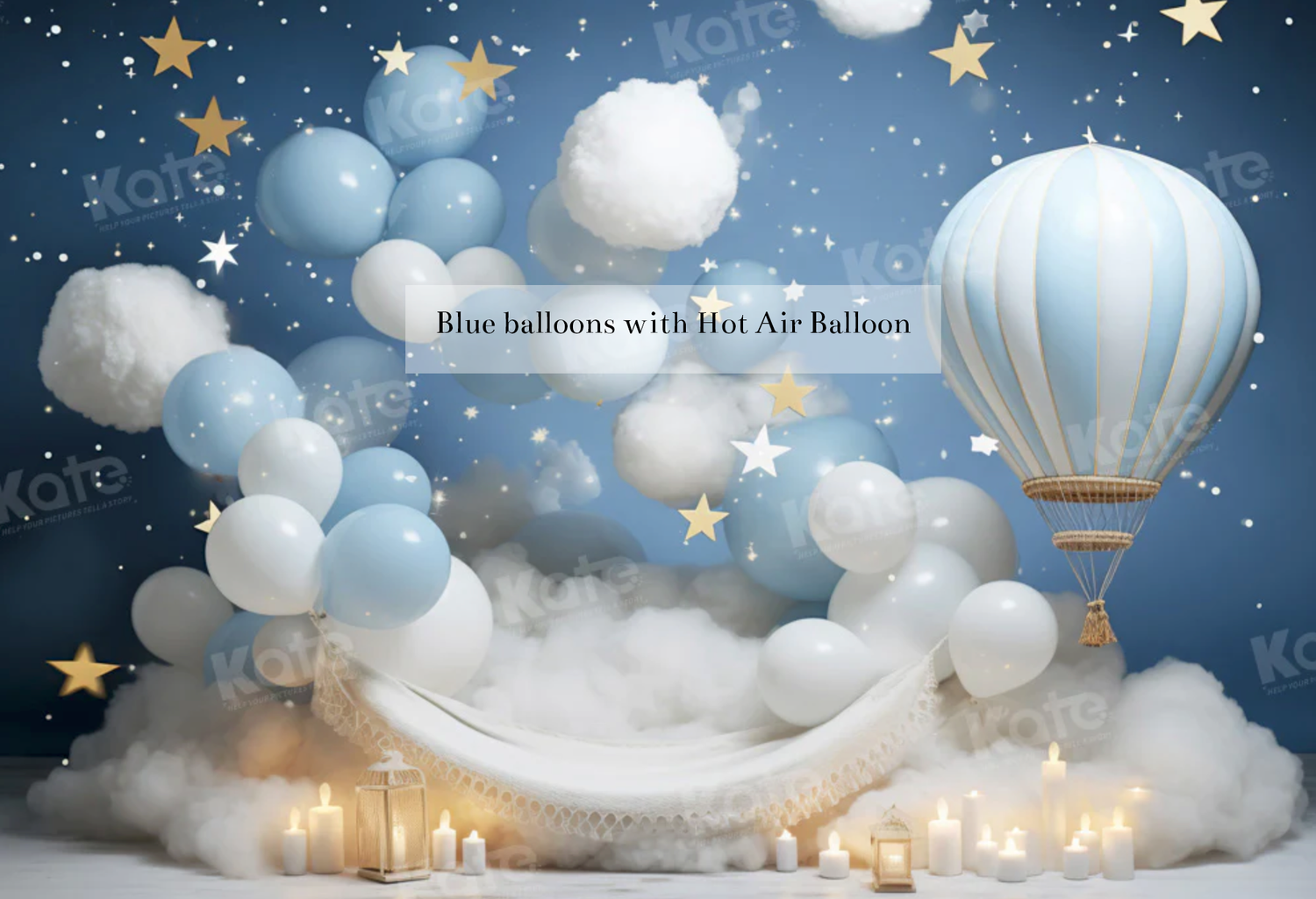 Blue balloon and hot air balloon cake smash backdrop with stars and clouds on a blue background.