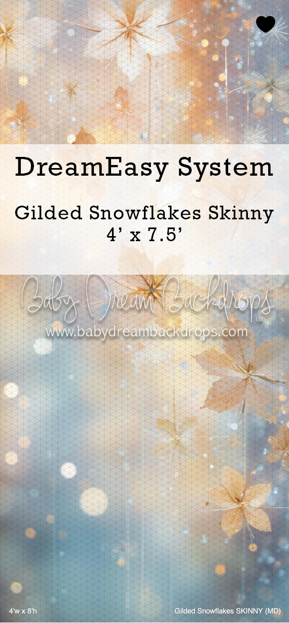 DreamEasy System Gilded Snowflakes Skinny 4x7.5ft photography backdrop with golden snowflakes and bokeh on blue background.