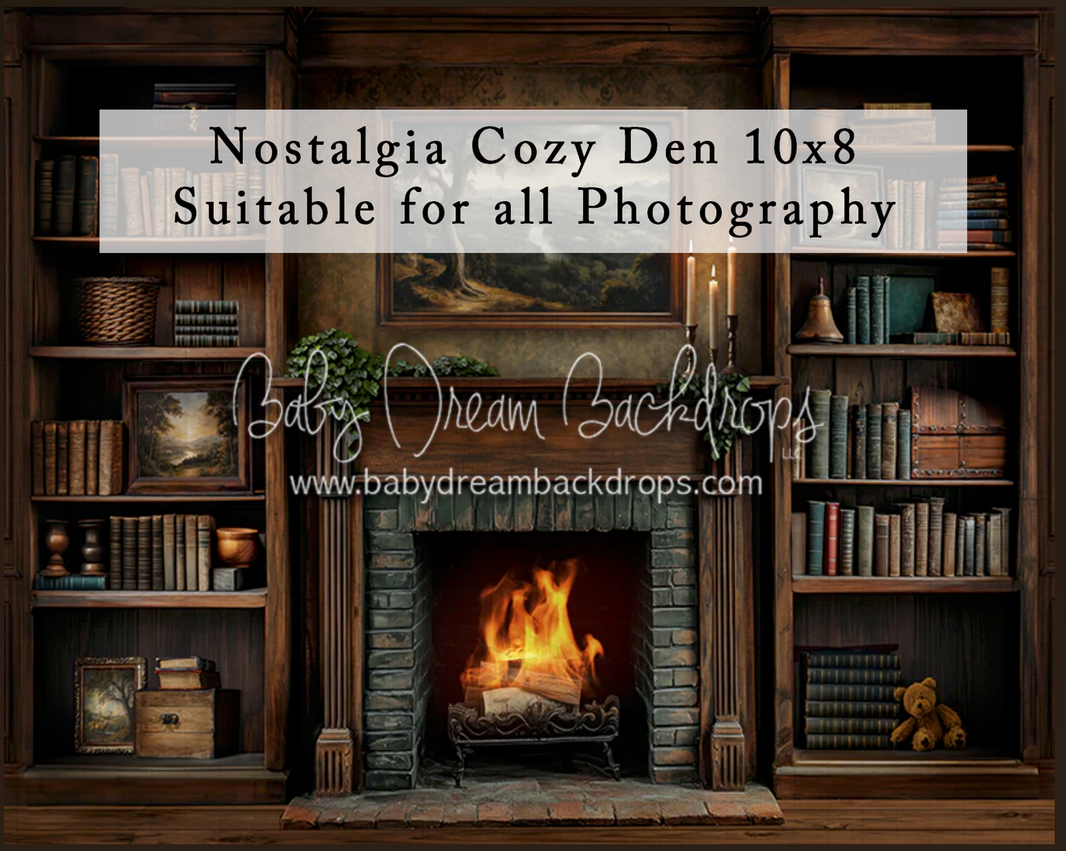Cozy den photography backdrop featuring a lit fireplace, wooden bookshelves filled with books, and warm ambient lighting.