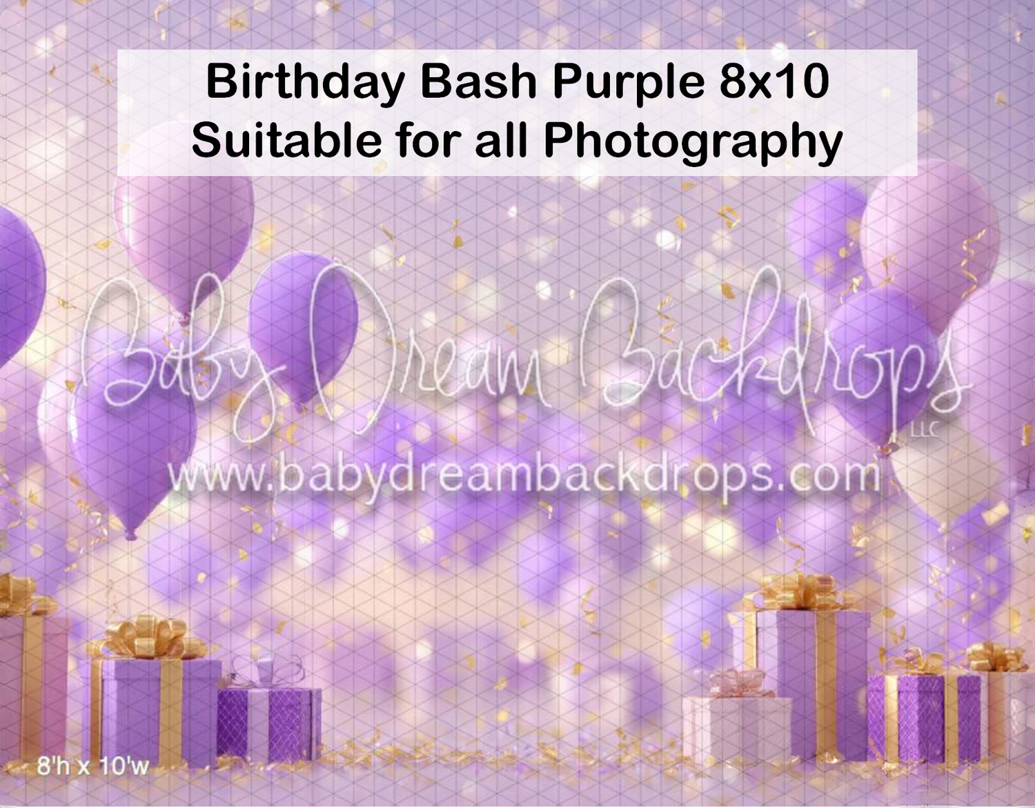Purple birthday bash photography backdrop with balloons, gifts, and gold accents on a lavender hexagon background, 8x10ft.