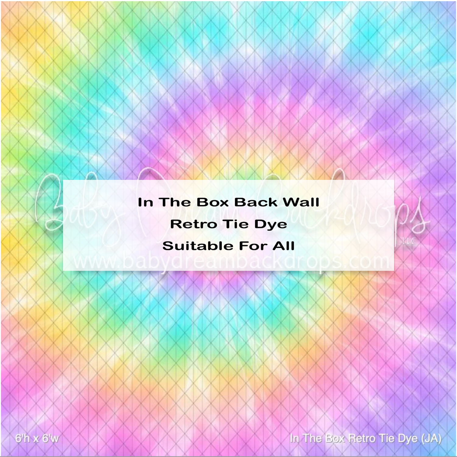 Retro tie dye rainbow pastel back wall backdrop suitable for all box sizes featuring swirling pink, purple, blue, and yellow hues.