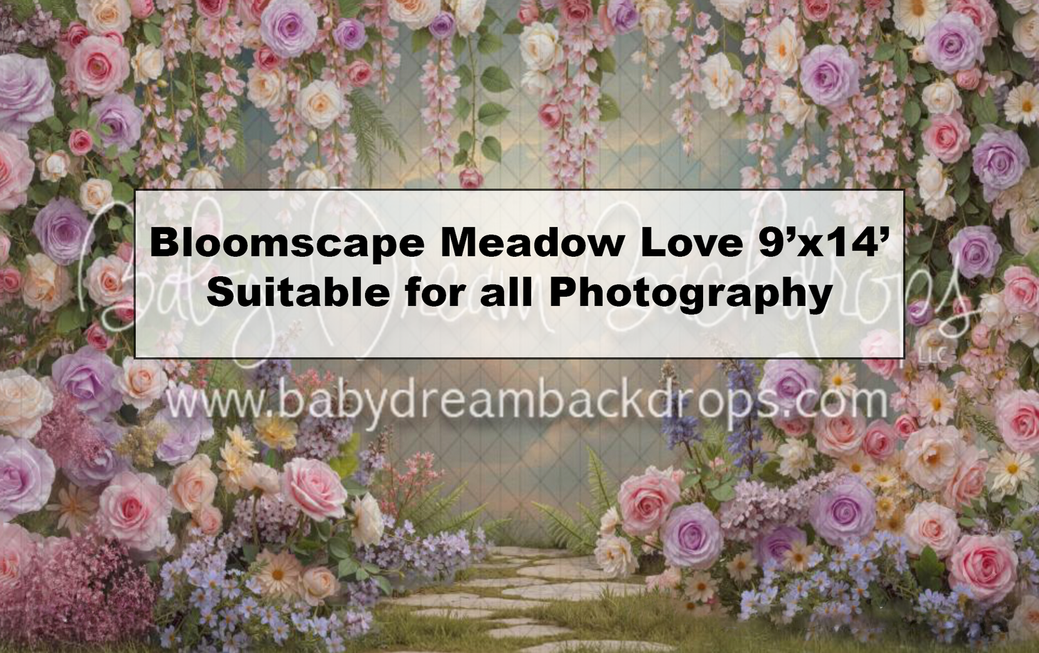 Bloomscape Meadow Love 9x14 photography backdrop featuring lush pink roses and a stone path, suitable for all photography.