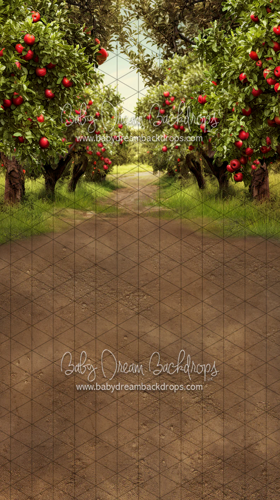 Sweeping apple orchard photography backdrop with red fruit trees lining a dirt path, by Baby Dream Backdrops.