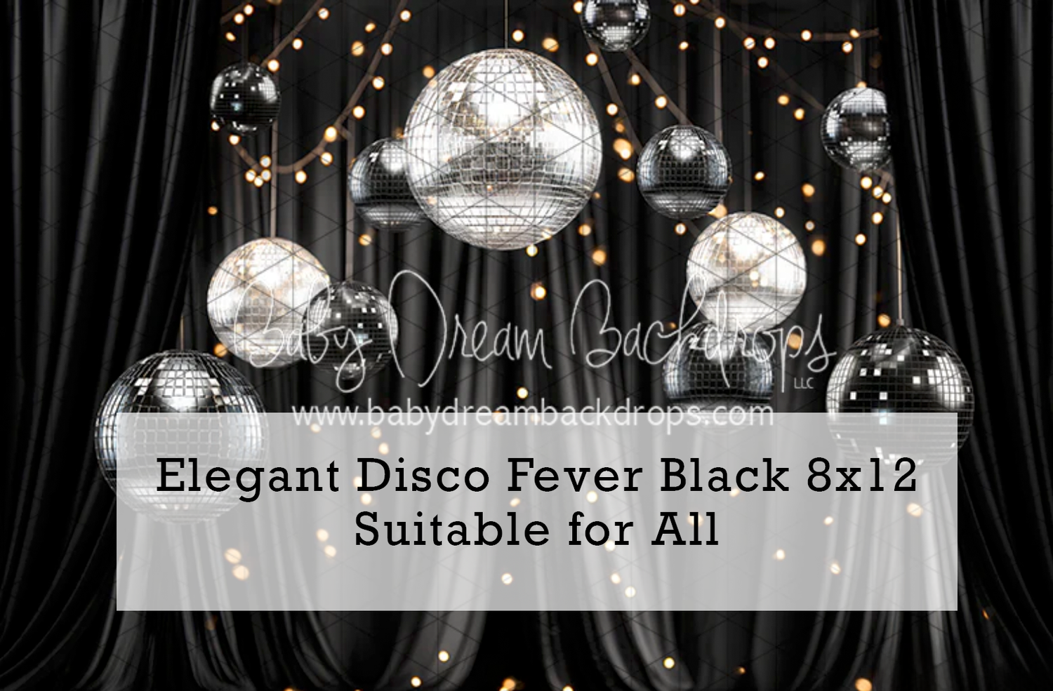 Elegant Disco Fever Black 8x12 photography backdrop featuring silver disco balls against dramatic black curtain background.
