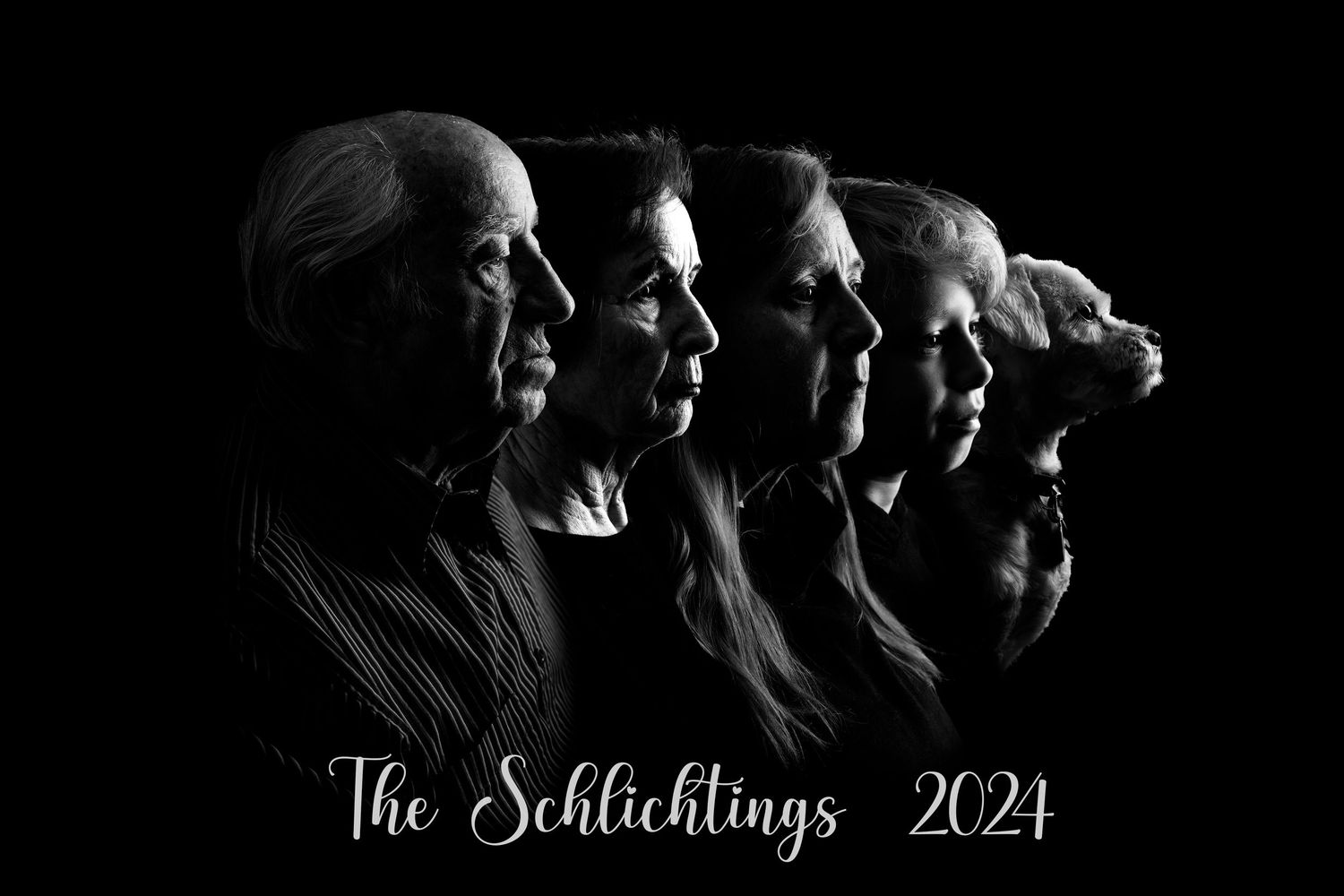Black and white profile silhouette portrait of four family members with The Schlichtings 2024 text.