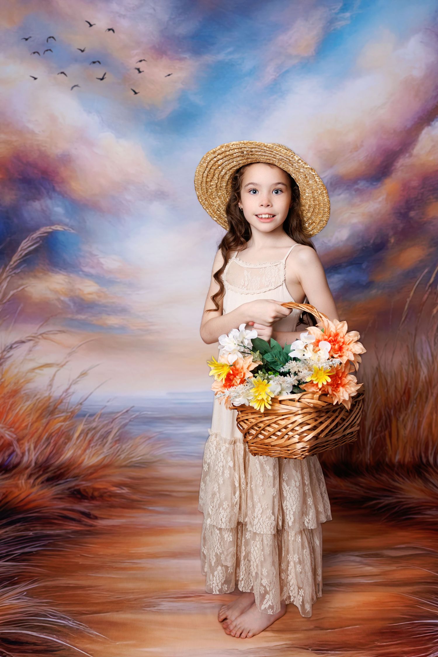 A smiling girl in a straw hat and lace dress holds a basket of colorful flowers before a painted beach scene.