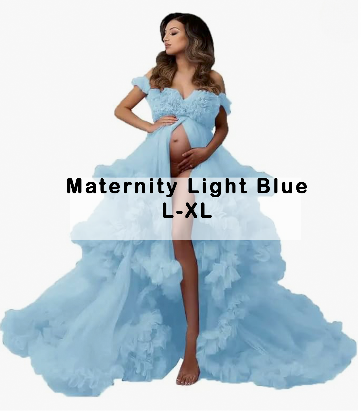Light blue maternity gown with floral off-shoulder bodice and layered tulle skirt, sizes L-XL.