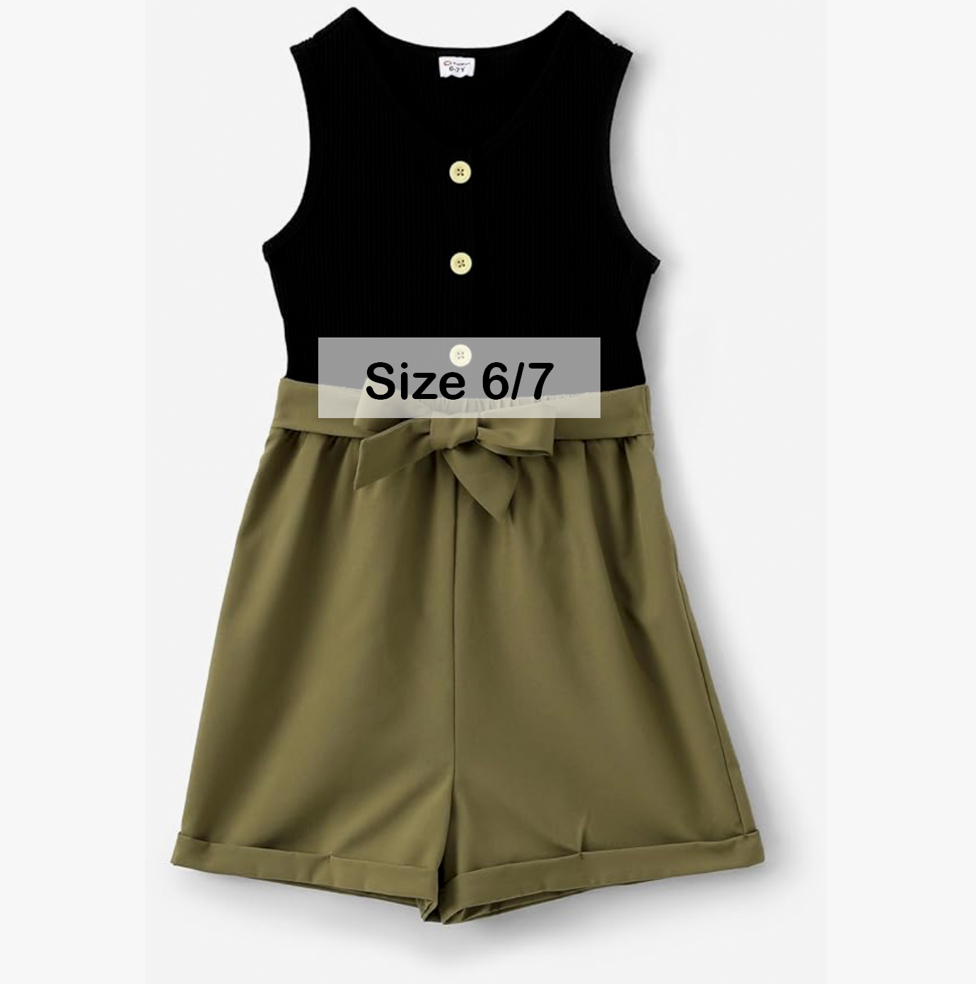 Girls two-tone black and olive green romper with bow belt in size 6/7.
