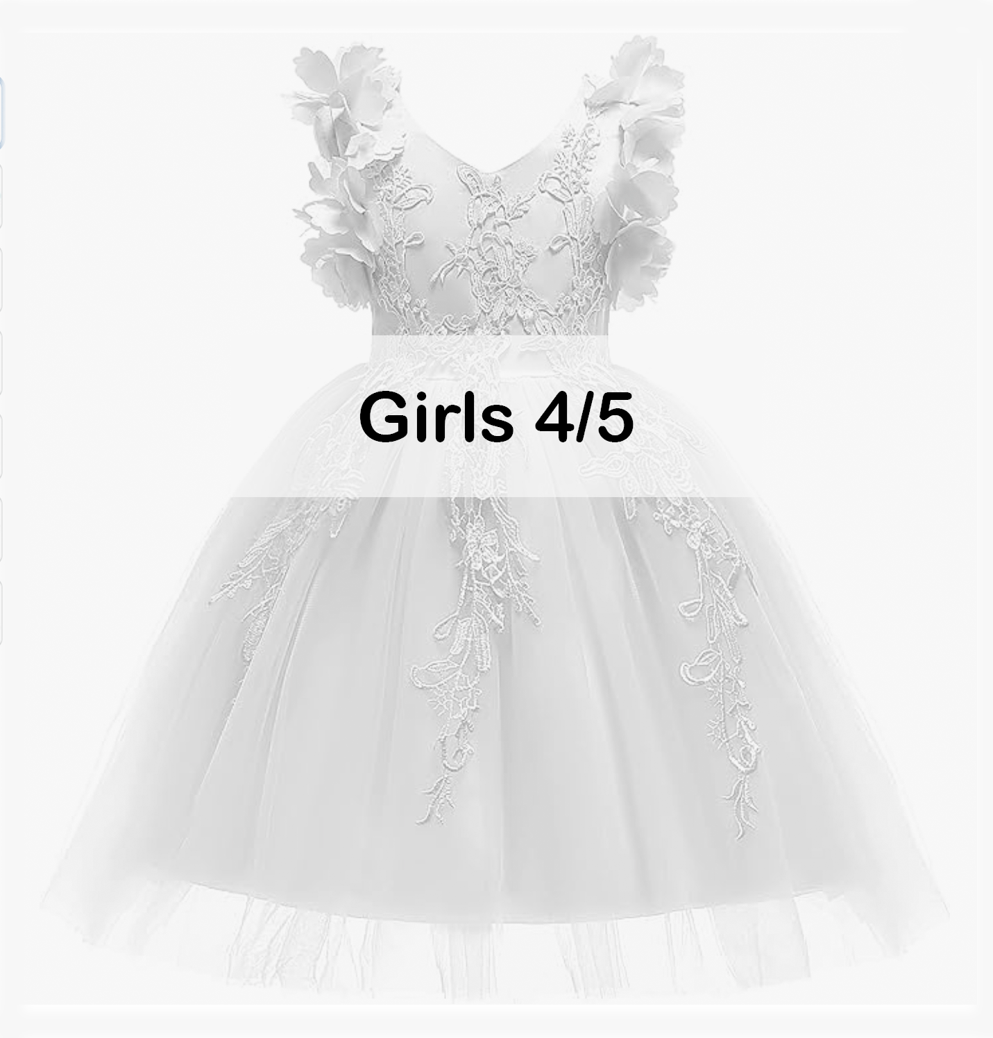 White girls formal dress size 4/5 with 3D floral straps, lace appliques, and layered tulle skirt.
