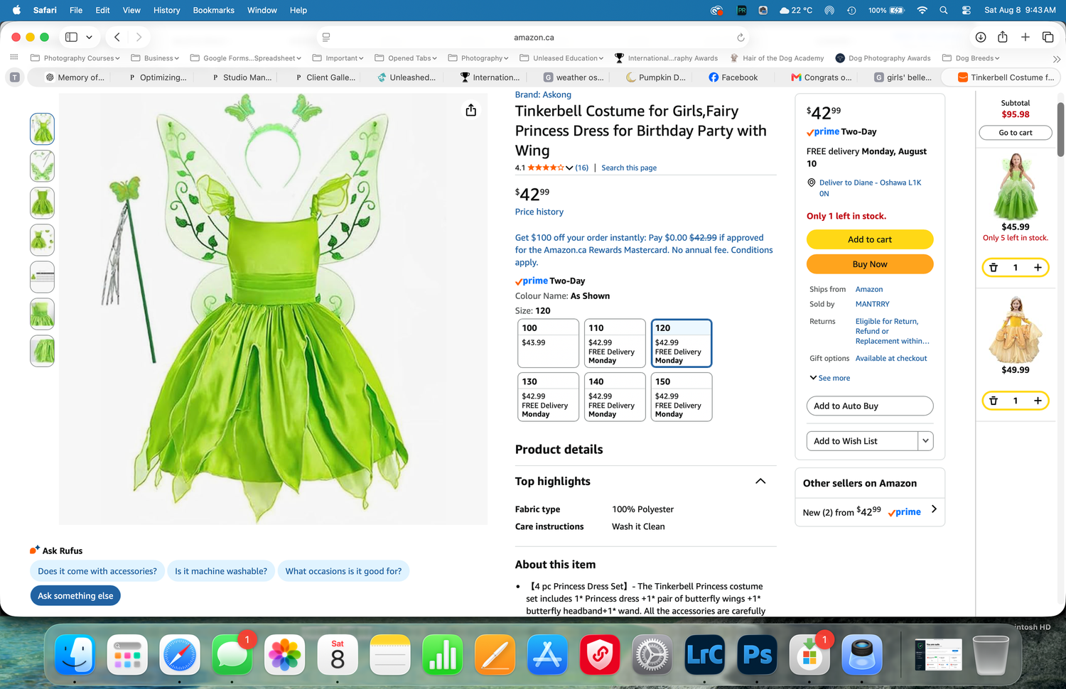Green Tinkerbell fairy princess costume dress with wings and wand displayed on Amazon product listing page.