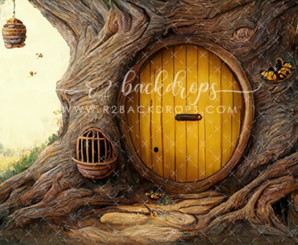 Whimsical fairy tale tree trunk backdrop featuring a round yellow hobbit door, bee hive, bird cage, and butterflies.