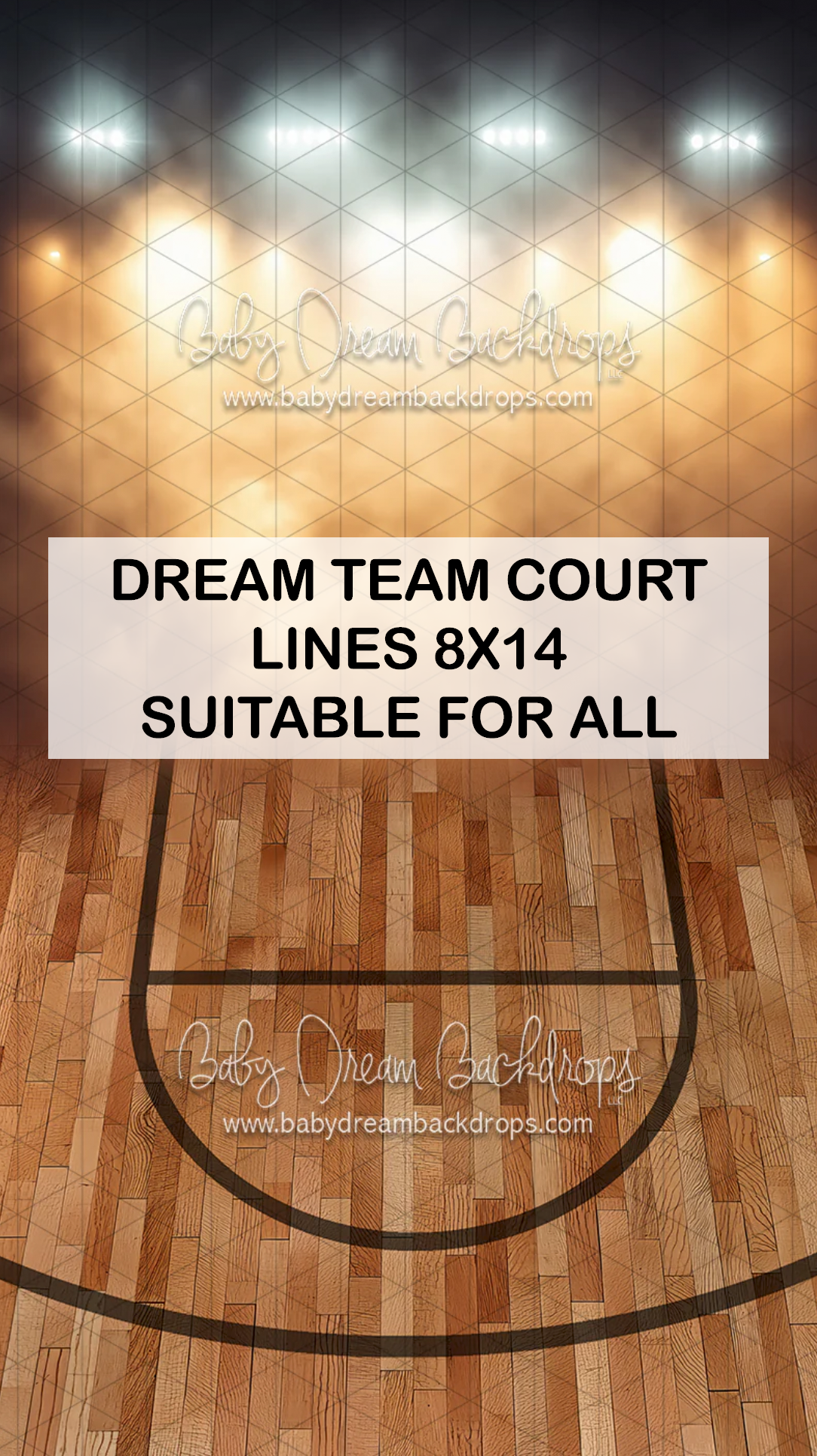 Basketball court photography backdrop 8x14 with hardwood floor, court lines, and stadium lights by Baby Dream Backdrops.